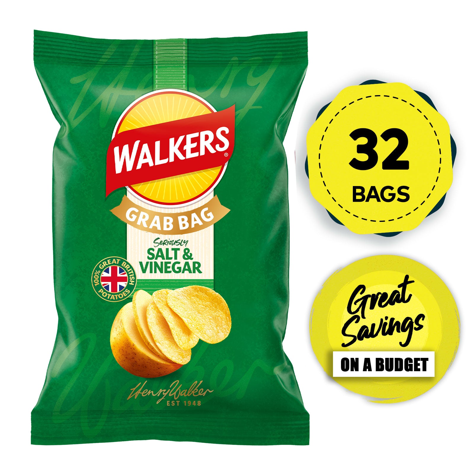 Walkers Crisps Salt & Vinegar Sharing Pack of 32 x 45g - Image 1