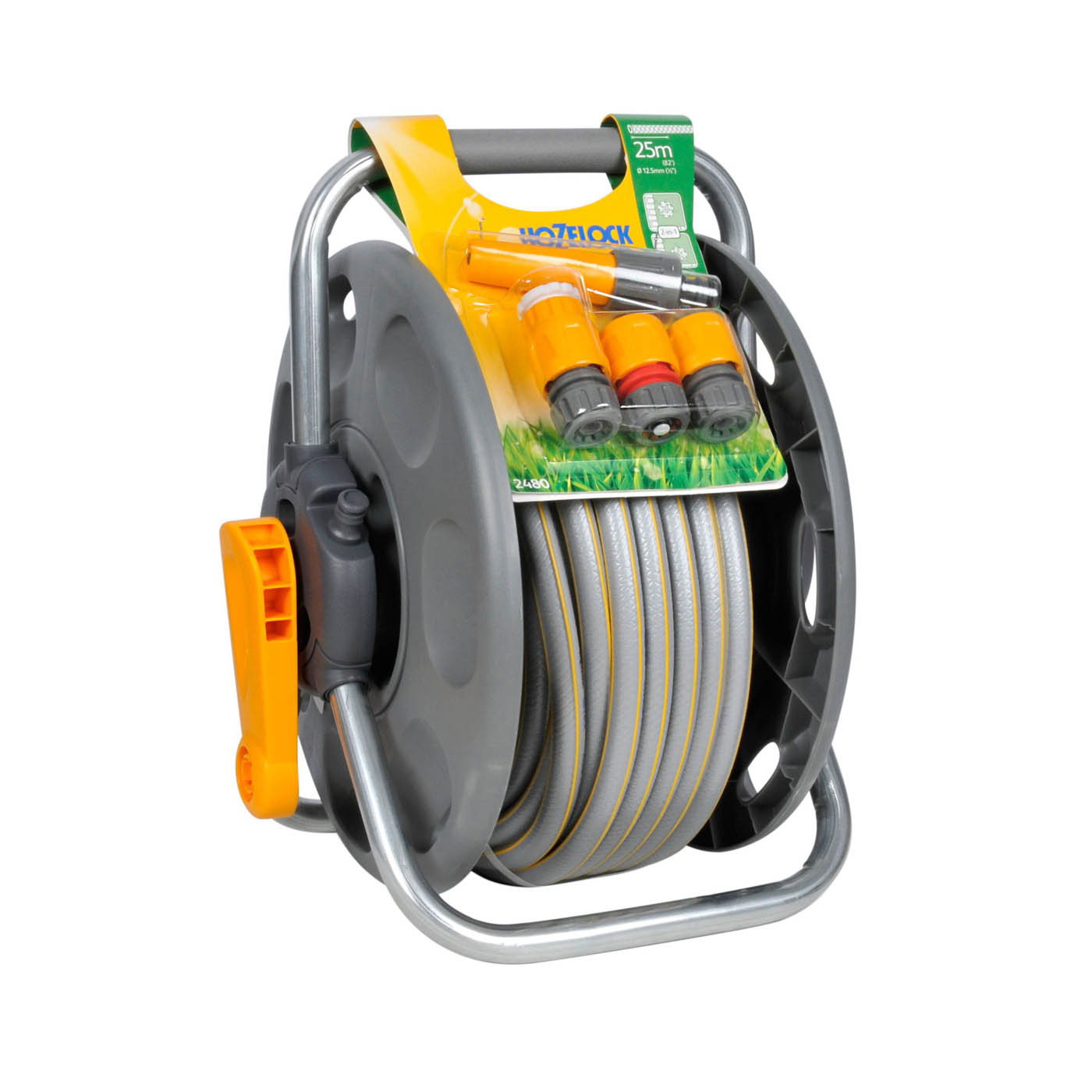 Hozelock 2 in 1 Freestanding Grey & yellow Hose pipe set (L)25m - with Nozzle Connectors Fixings - Image 1