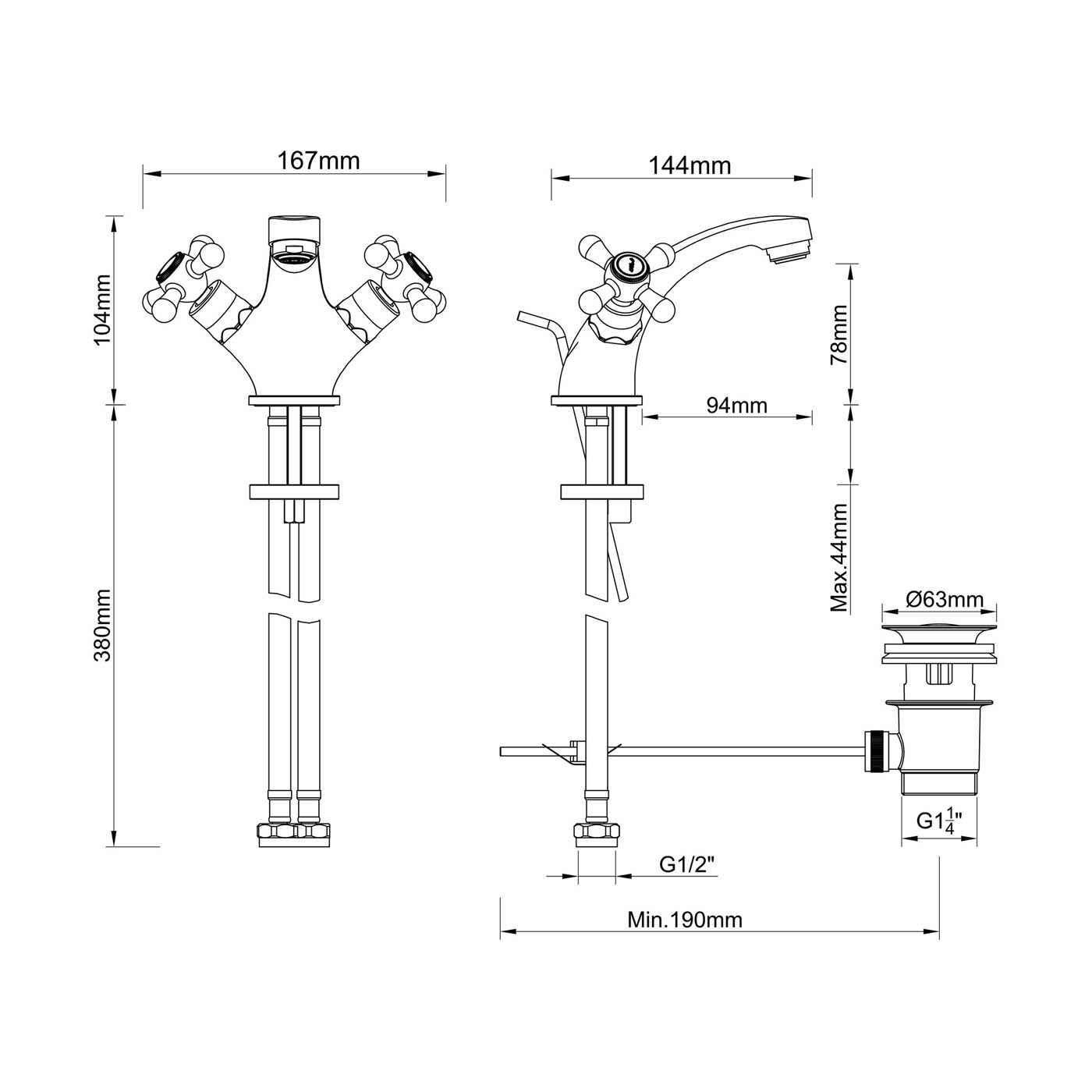 Bathroom Basin Tap Mono Bloc Mixer Chrome Dual Lever Waste ¼ Turn Traditional - Image 2