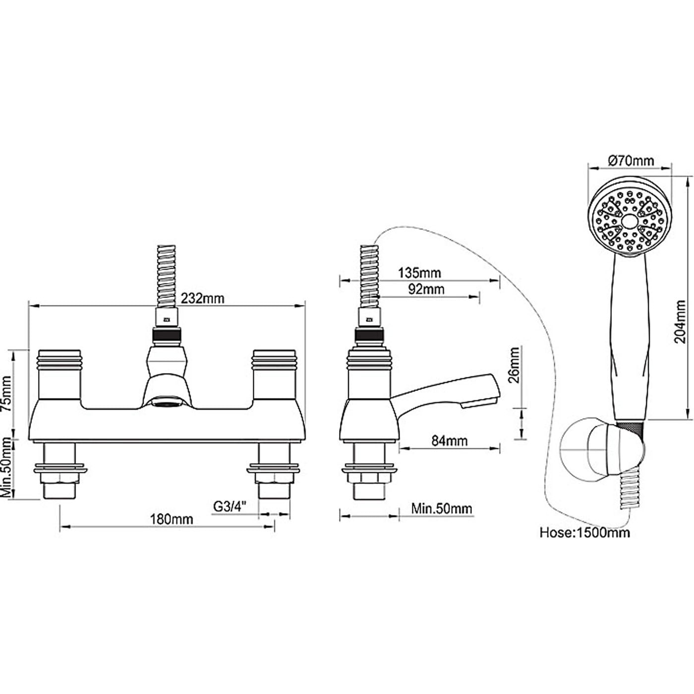Bath Filler Tap Mixer With Hand Held Set Chrome ¼ Turn Operation Round Head - Image 3