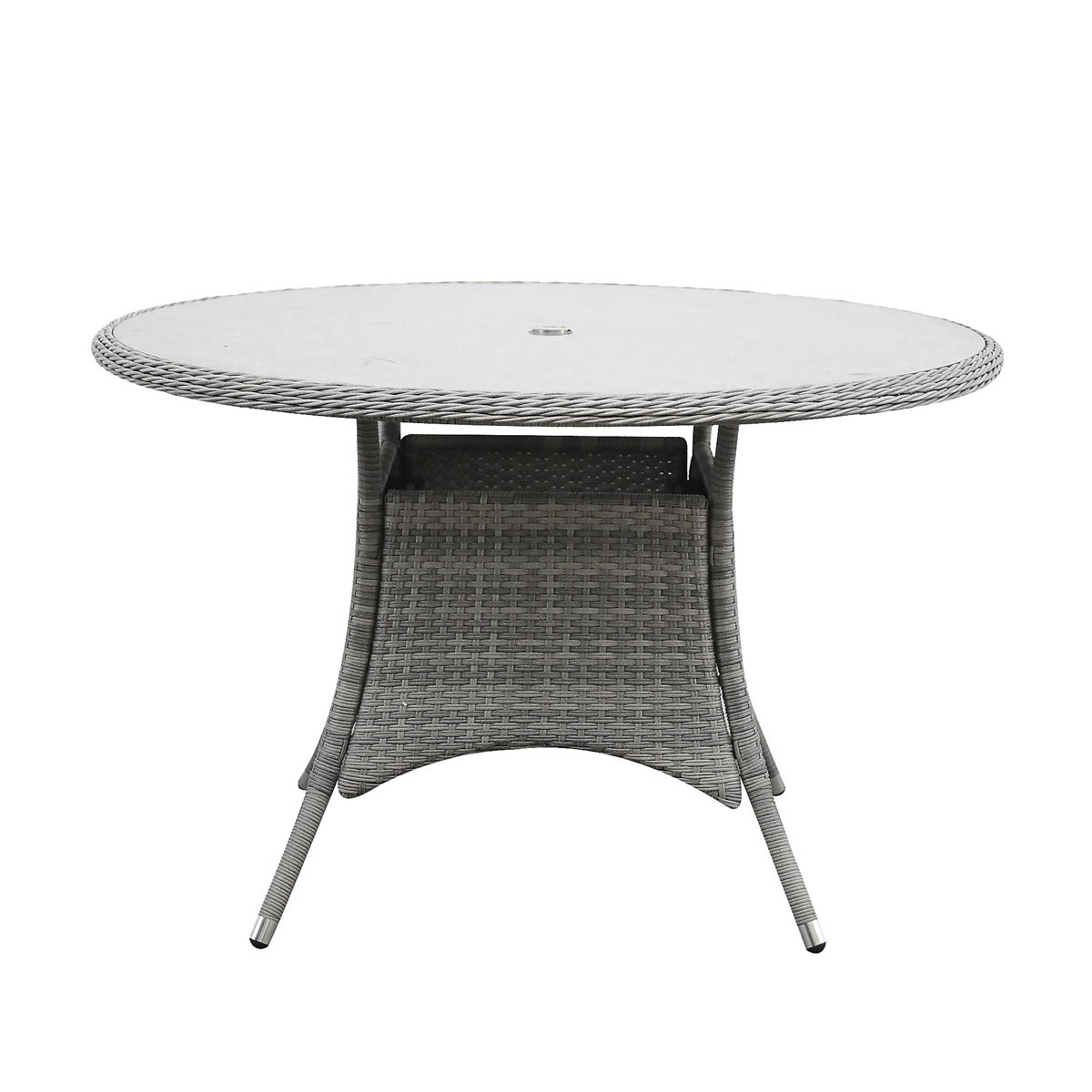 Garden Dining Table 4 Seater Grey Rattan Round Outdoor Umbrella Hole (W) 121cm - Image 3