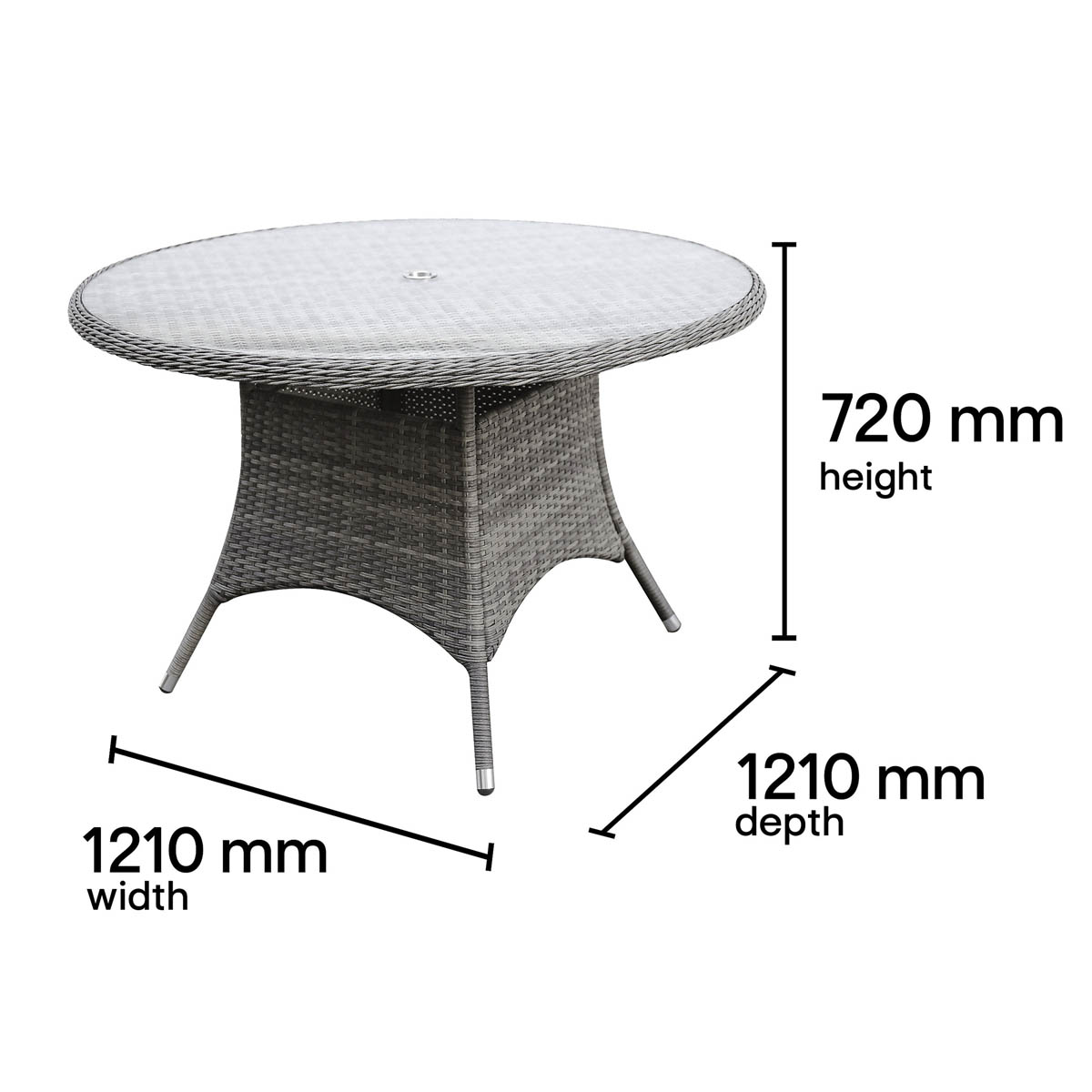 Garden Dining Table 4 Seater Grey Rattan Round Outdoor Umbrella Hole (W) 121cm - Image 4