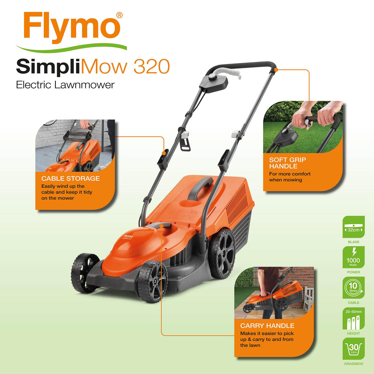 Flymo Lawnmower Electric SimpliMow320 Rotary Garden Grass Cutter Compact 1000W - Image 3