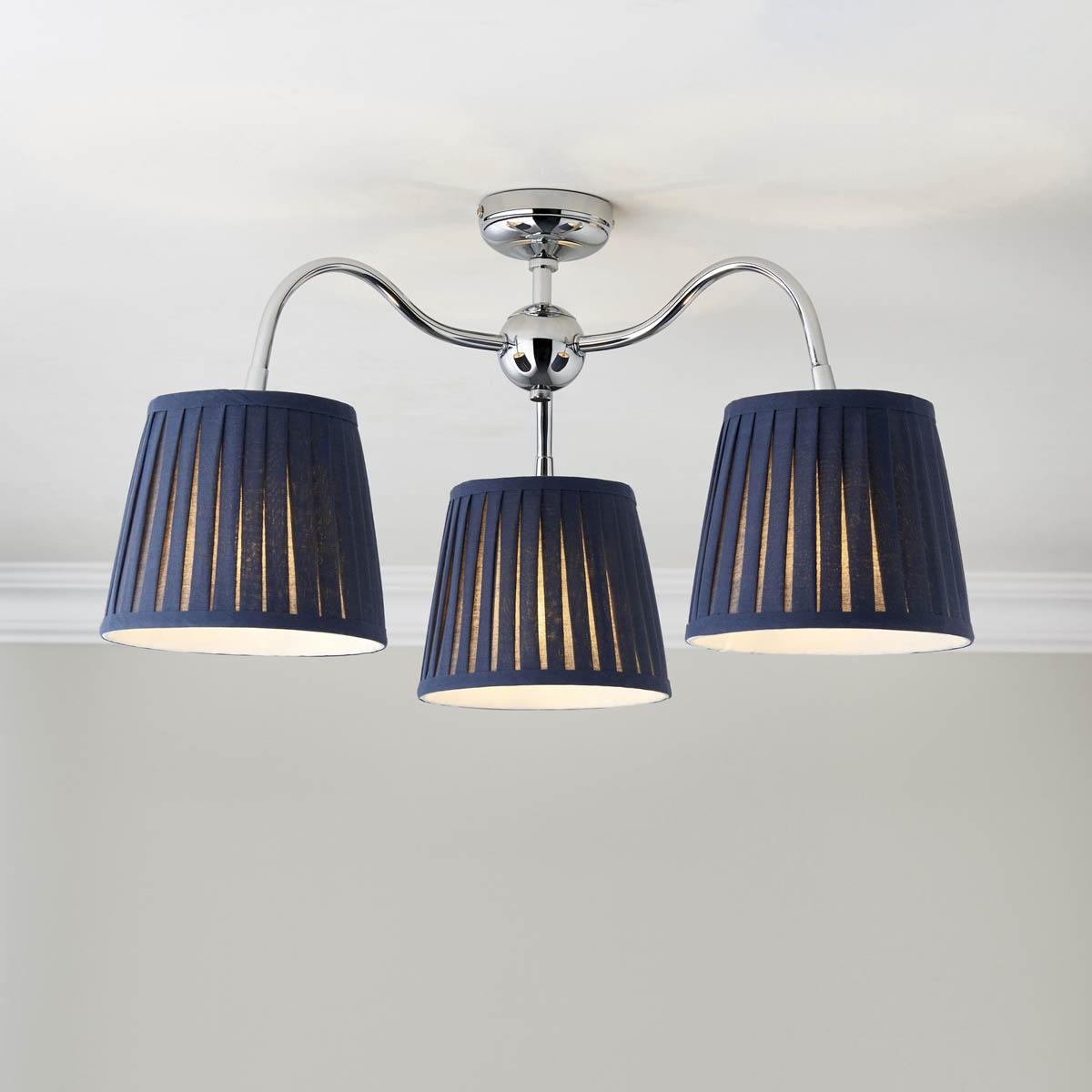 Ceiling Light 3 Lamp LED Pleated Fabric Navy Silver Metal Dimmable Contemporary - Image 1