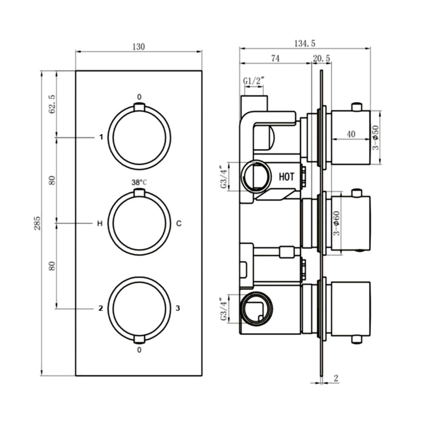 Aquadry Diverter Shower Mixer ½ Turn 3 Outlet Black Concealed Bathroom Modern - Image 2