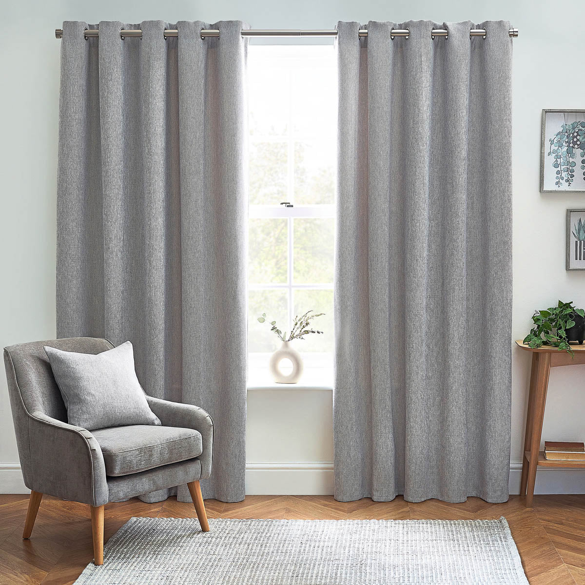 Thermal Curtains Grey Woven Eyelet Ring Top Ready Made Pair (W)117x(L)137cm - Image 2