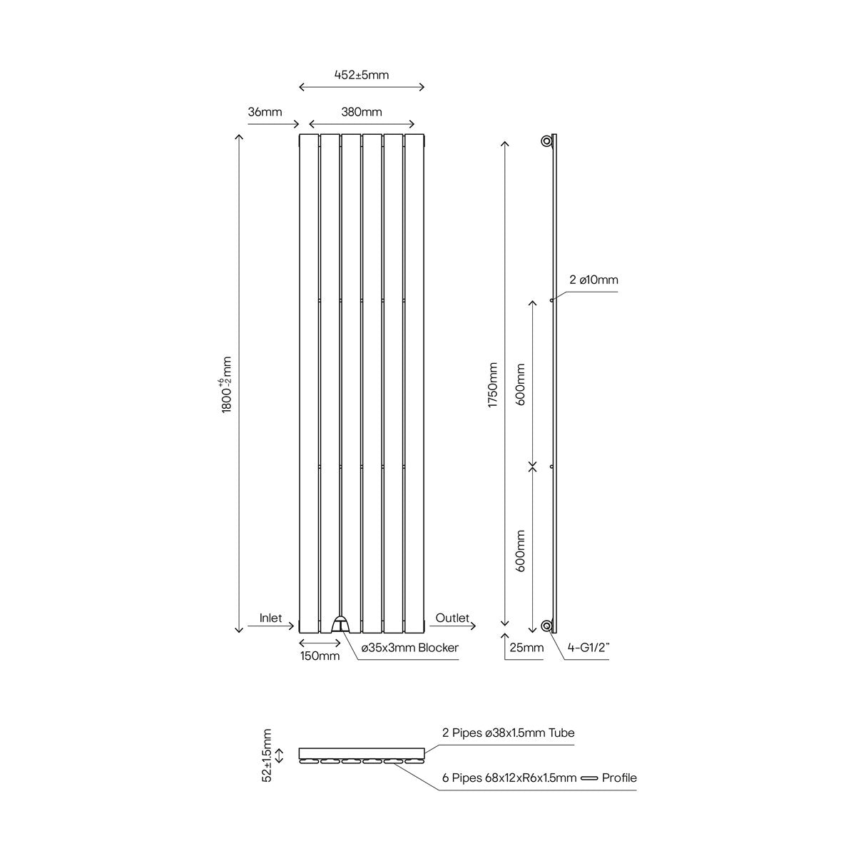 Designer Radiator Anthracite Vertical Steel Flat Panel Column (H)180x(W)45.2cm - Image 5