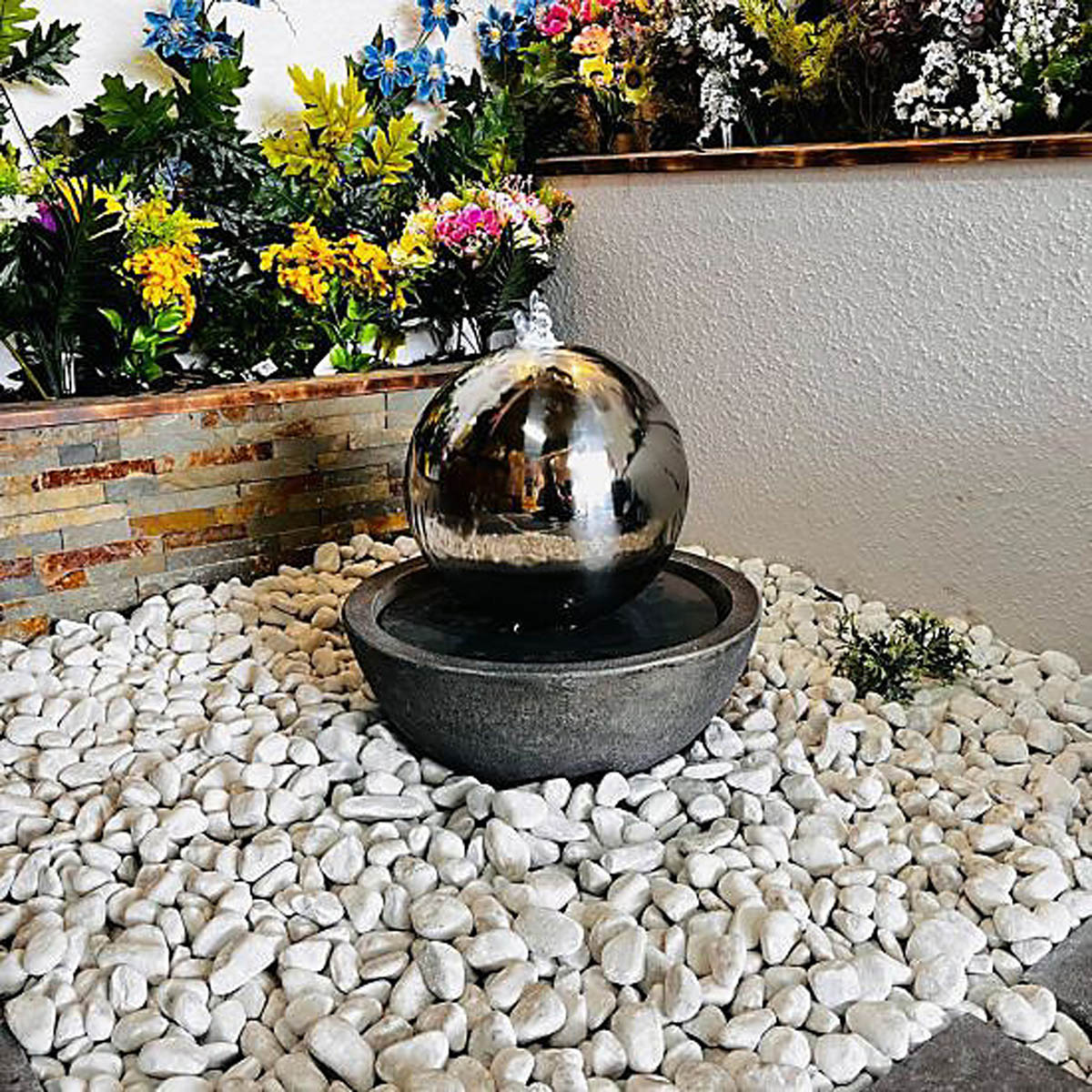 Water Feature Fountain Sphere Metal Outdoor Modern Decor LED Stainless Steel - Image 1