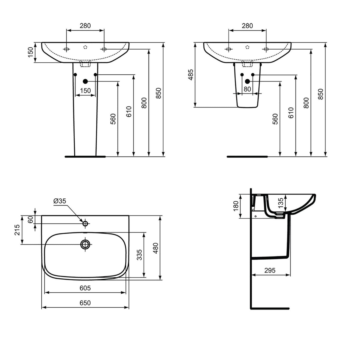 Ideal Standard Semi Pedestal White Bathroom Basin Wall Mounted (H)33.1cm - Image 3