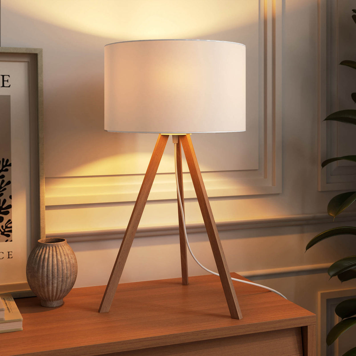 Floor Table Lamp Set LED Natural Bamboo Tripod White Fabric Modern Living Room - Image 1