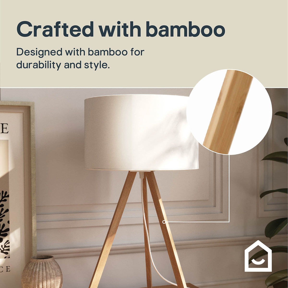 Floor Table Lamp Set LED Natural Bamboo Tripod White Fabric Modern Living Room - Image 4