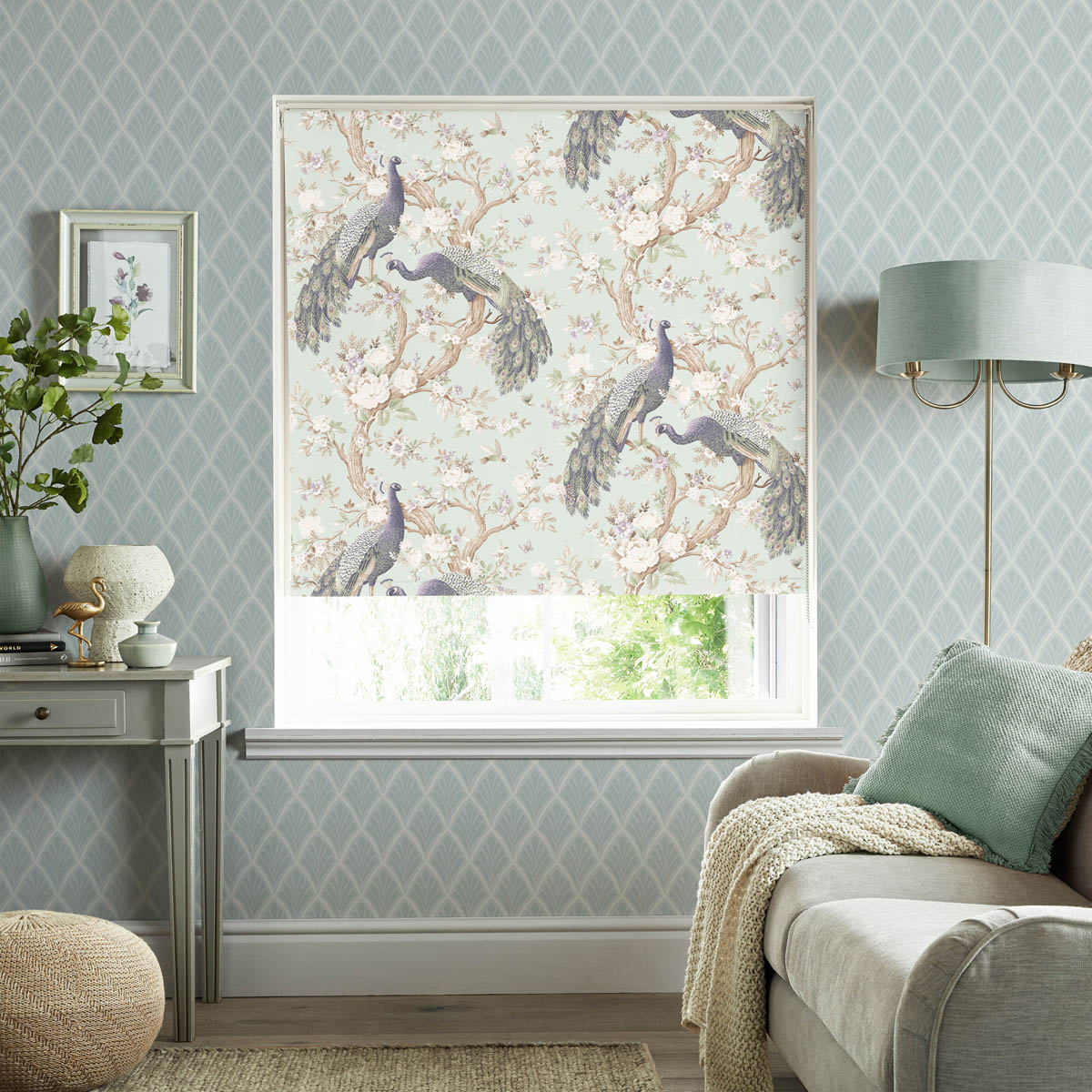 Laura Ashley Roller Blind Blackout Floral Peacocks Window Indoor W90xL162cm - Image 1