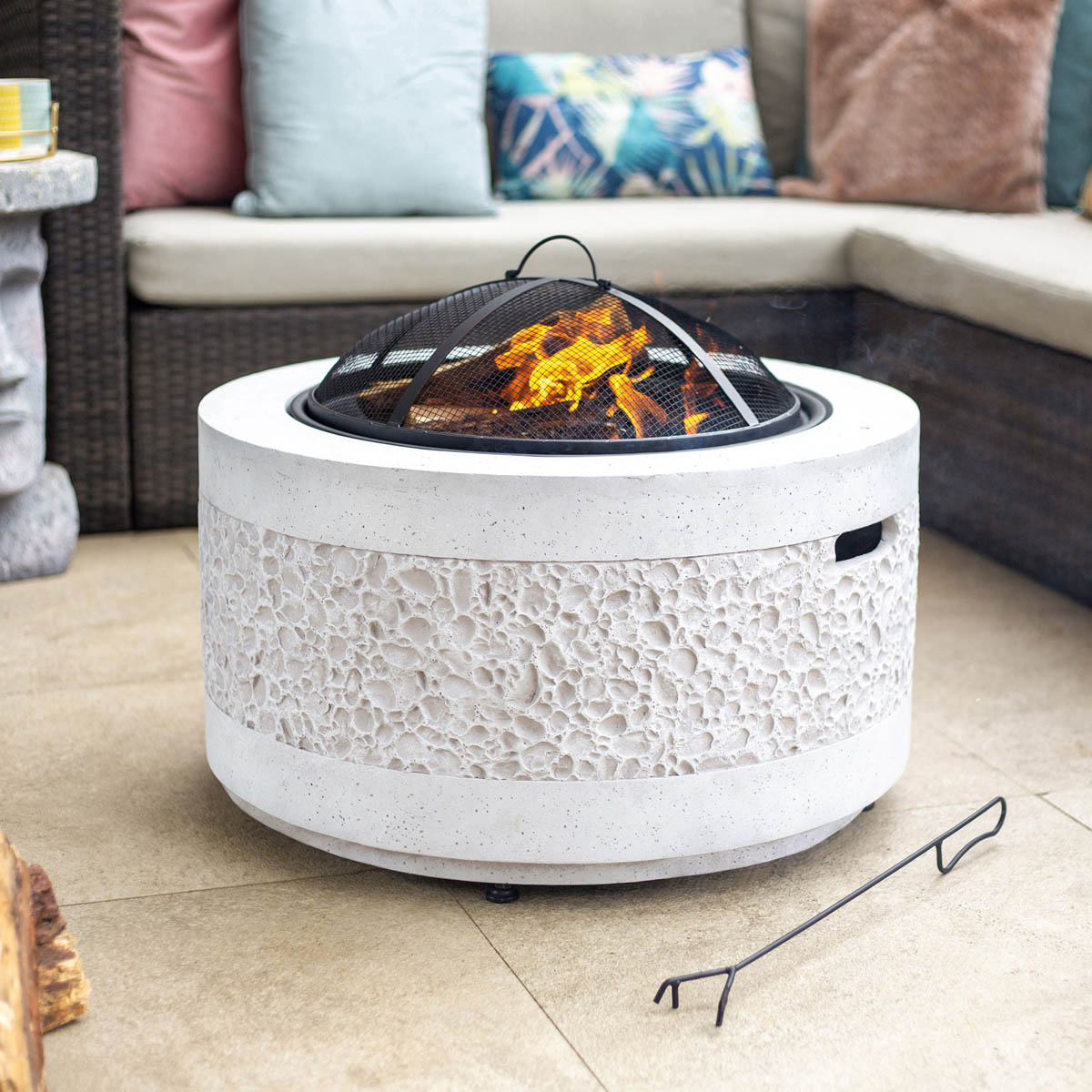 La Hacienda Firepit Steel Matt Grey Round Stone Effect Garden Outdoor Heater - Image 1