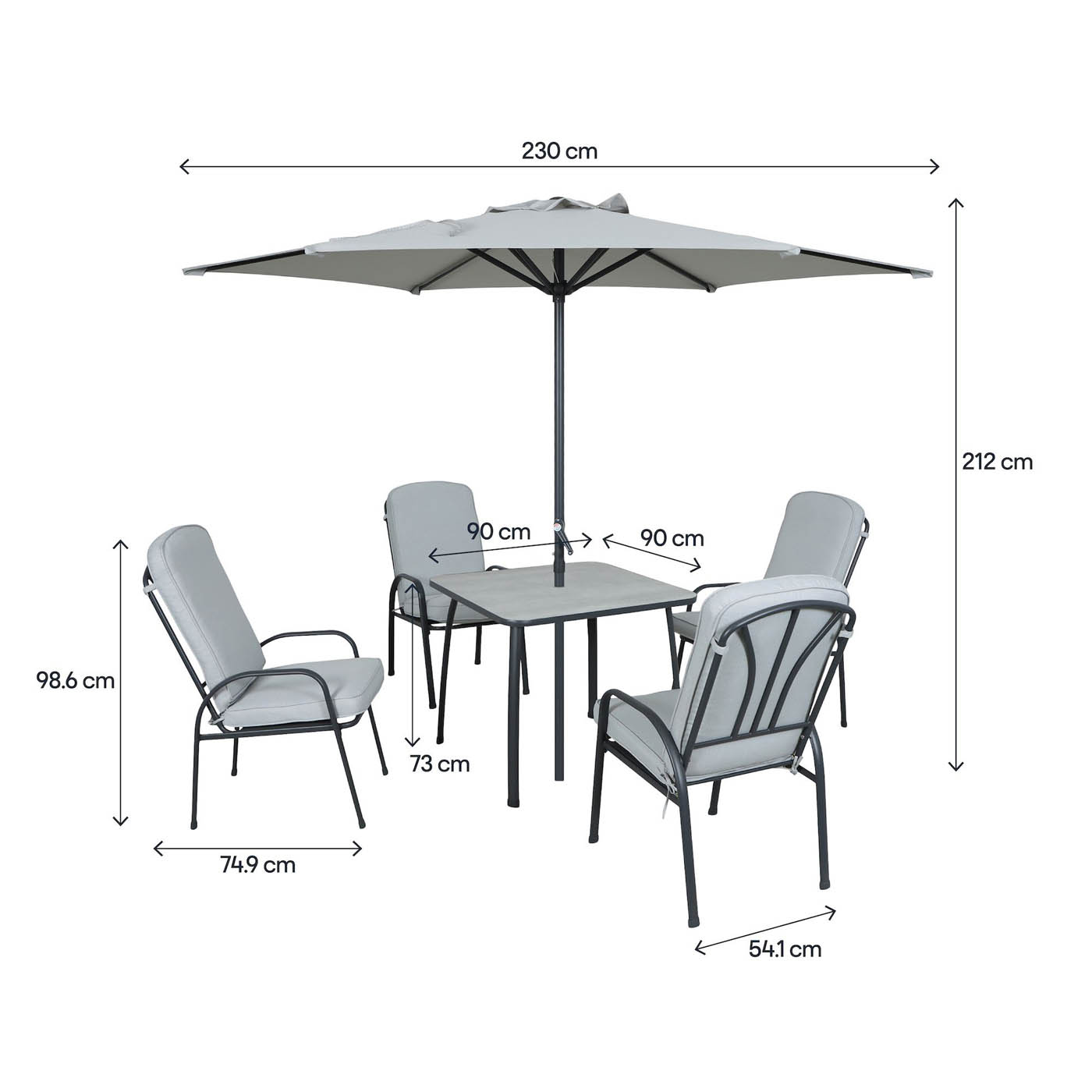 Garden Furniture Dining Set 4 Seater Grey Metal Table Chairs Parasol Outdoor - Image 3
