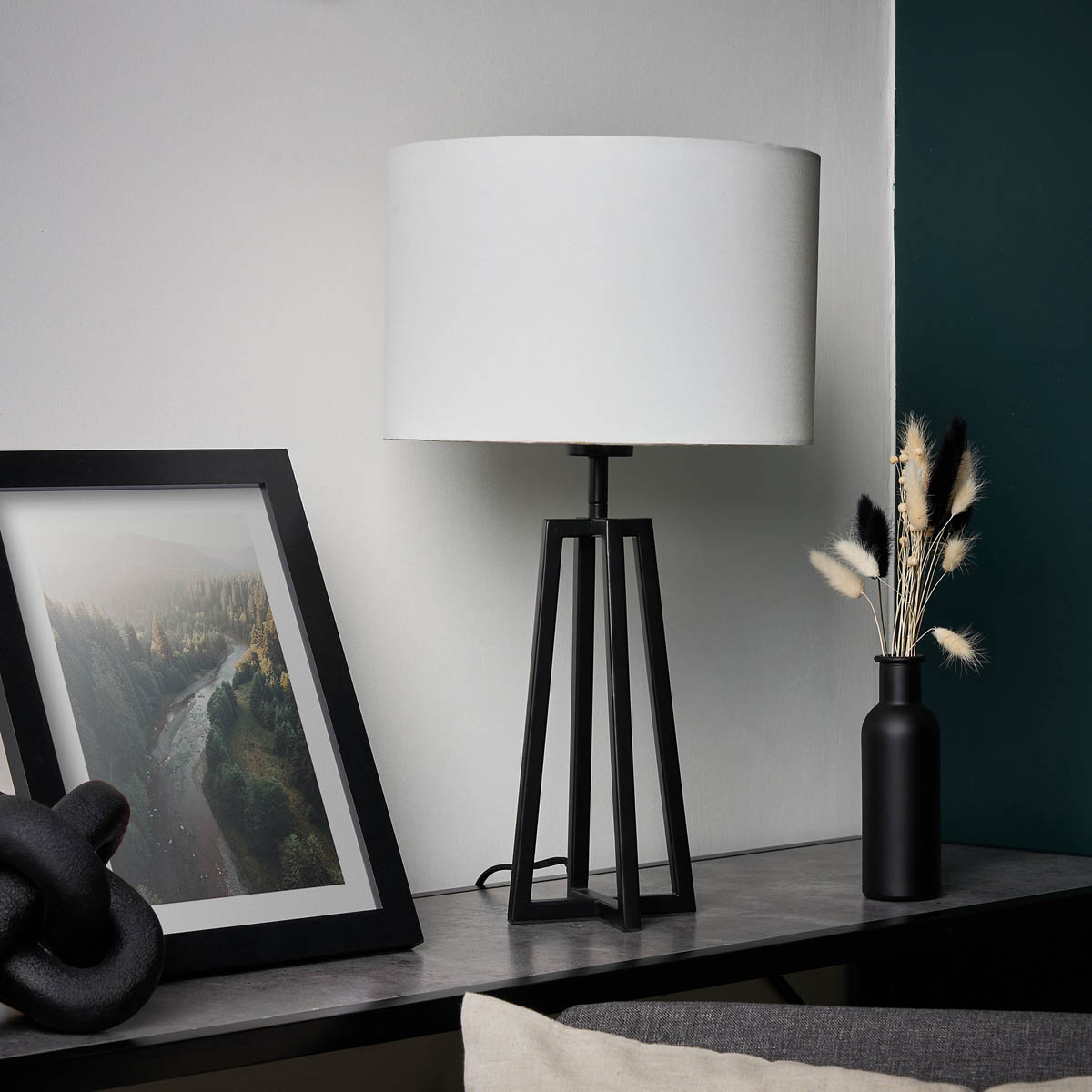 Inlight Table Lamp Natural Round Drum Matt Black Frame Modern Minimalist - Image 4