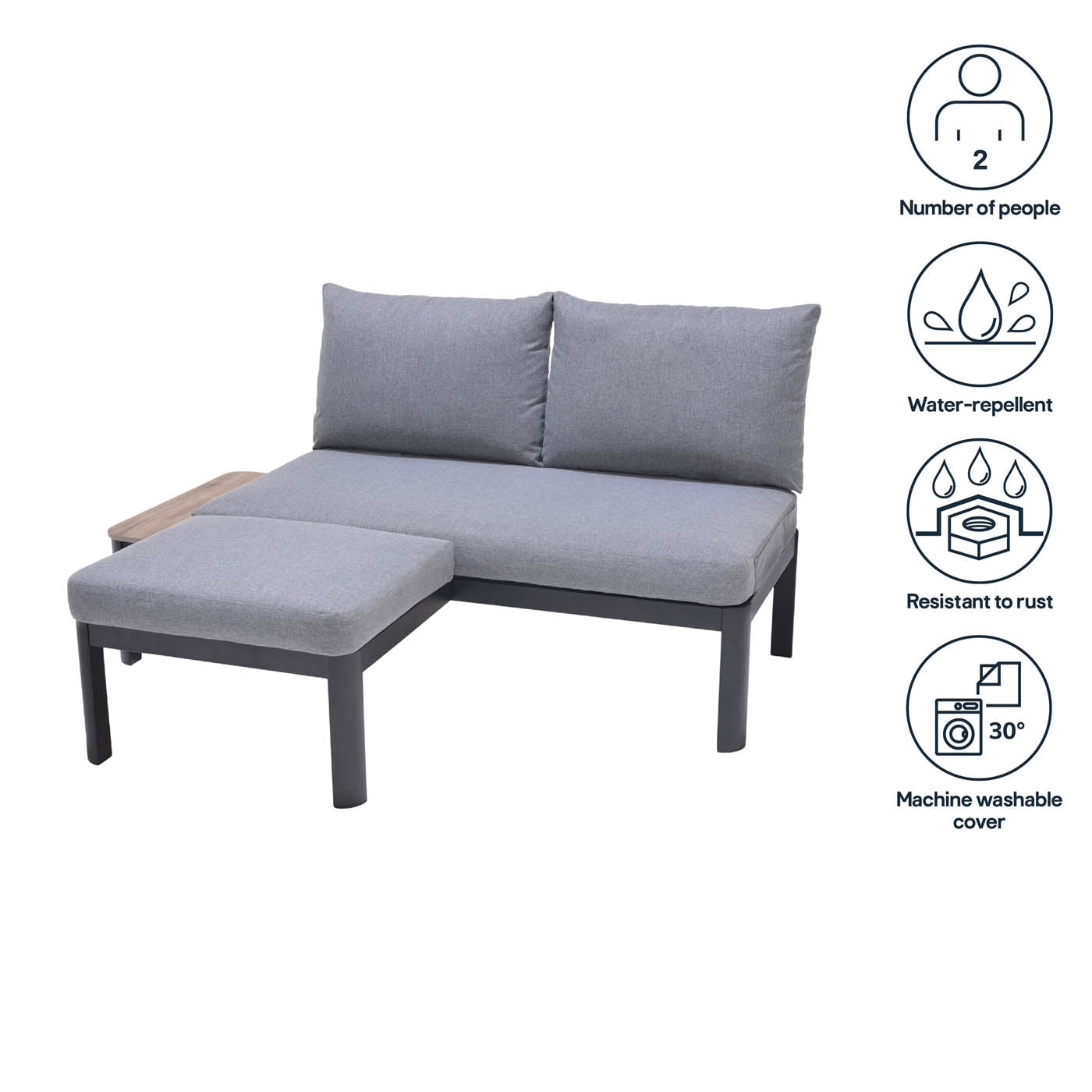 Garden Modular Corner Furniture Set 2 Seater Grey Metal Removable Cover - Image 2