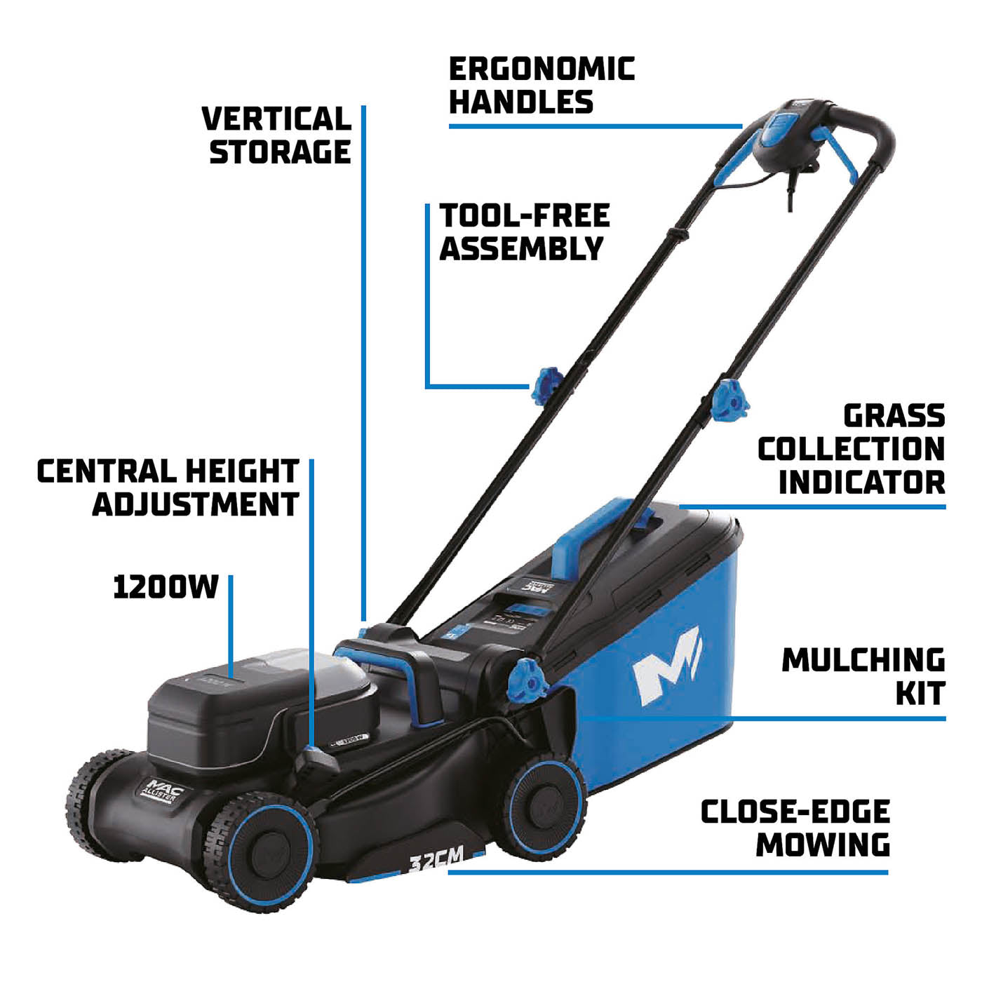 Mac Allister Lawnmower Electric MCB1161LWM 32cm Mulching Grass Cutter 1200W - Image 2