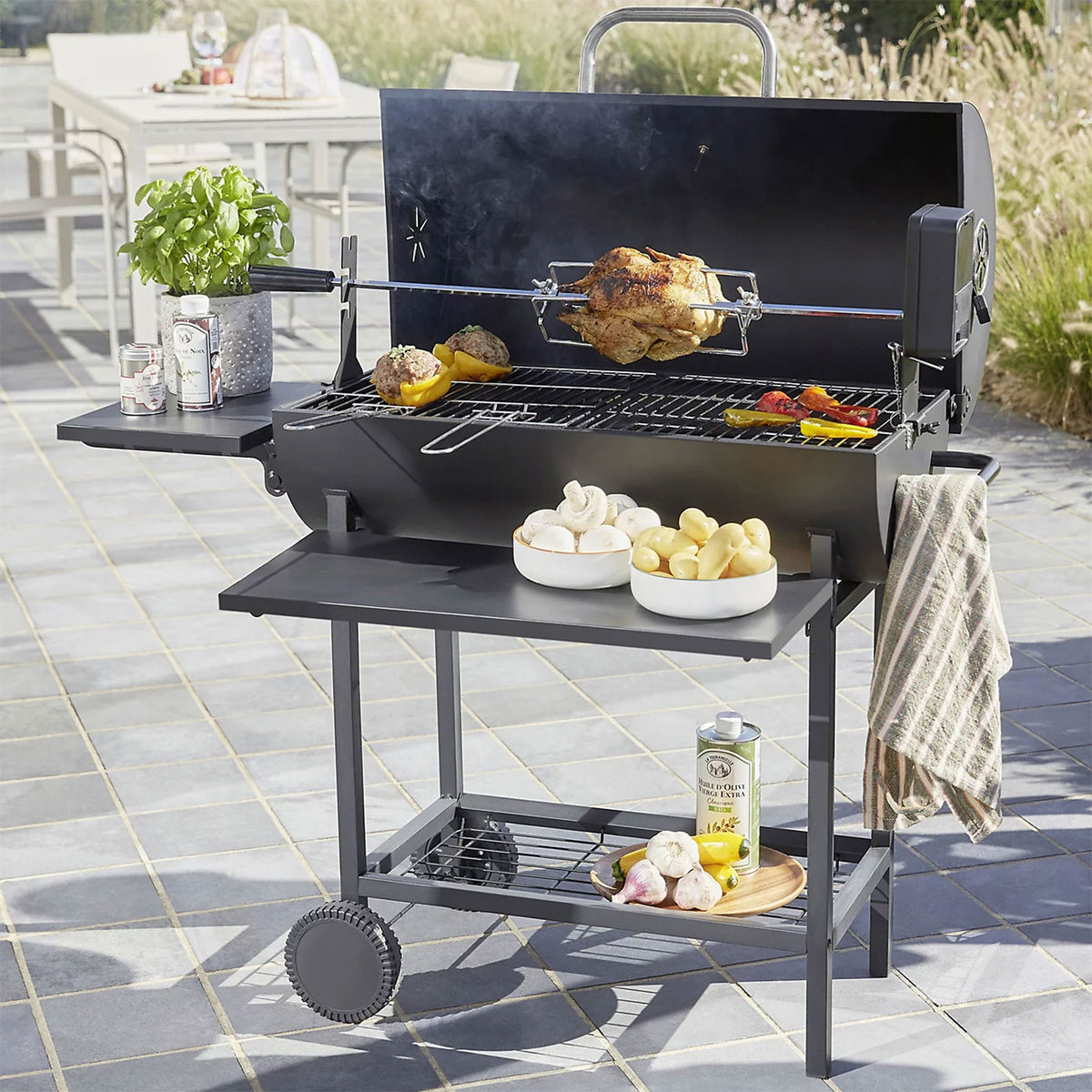 Griffin Black Charcoal BBQ Rectangle Garden Barbecue Grill Trolley - Image 2