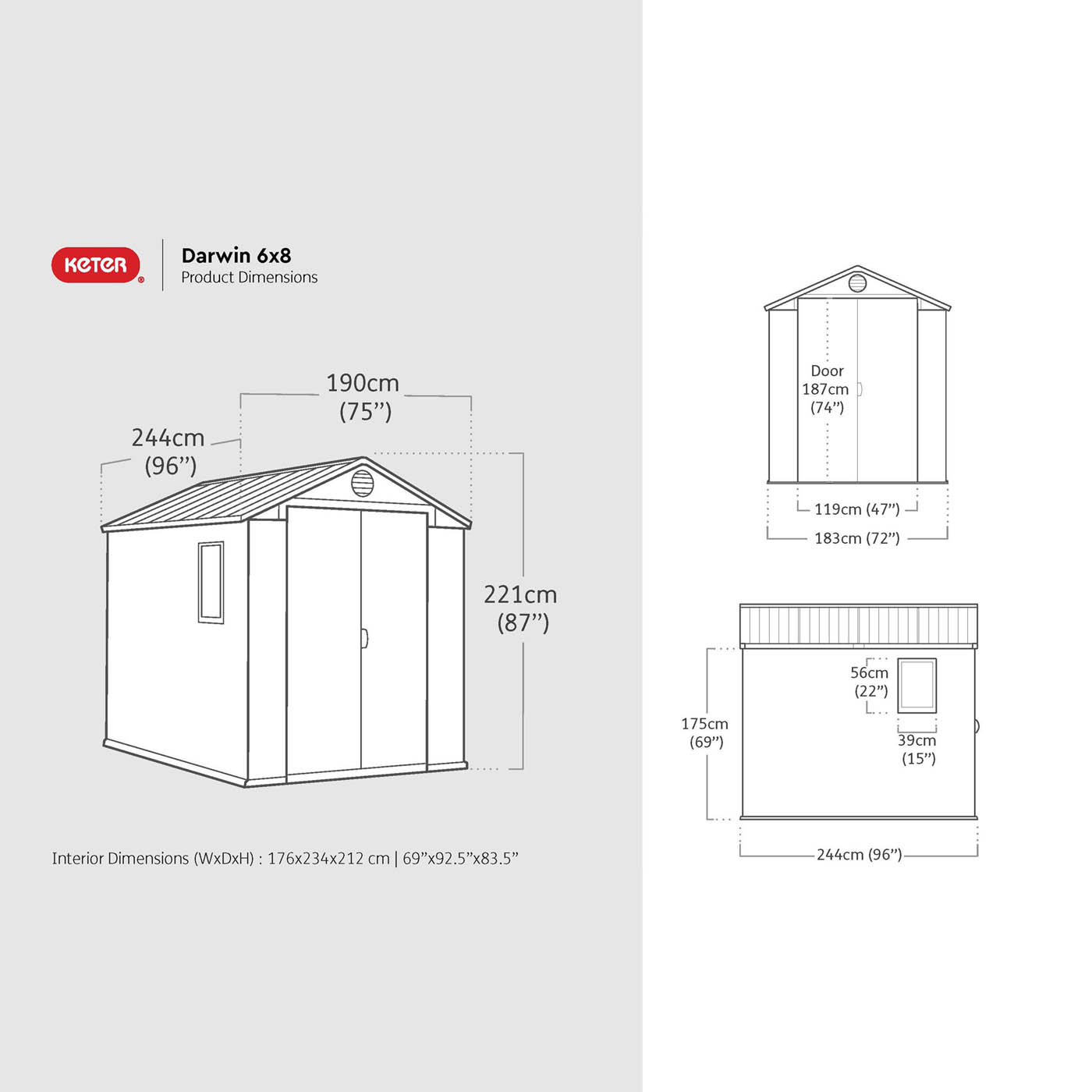 Keter Darwin 8x6 ft Apex Plastic 2 door Shed with floor & 1 window - Image 3