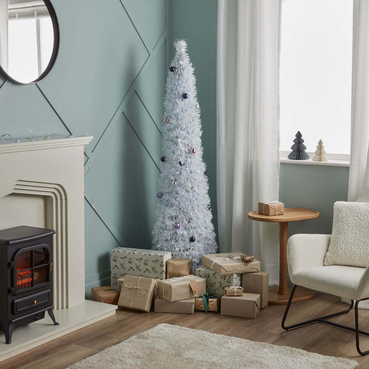 Christmas Tree 6ft White Slim Artificial LED Pre Lit 40 Warm White Timer Baubles - Image 2