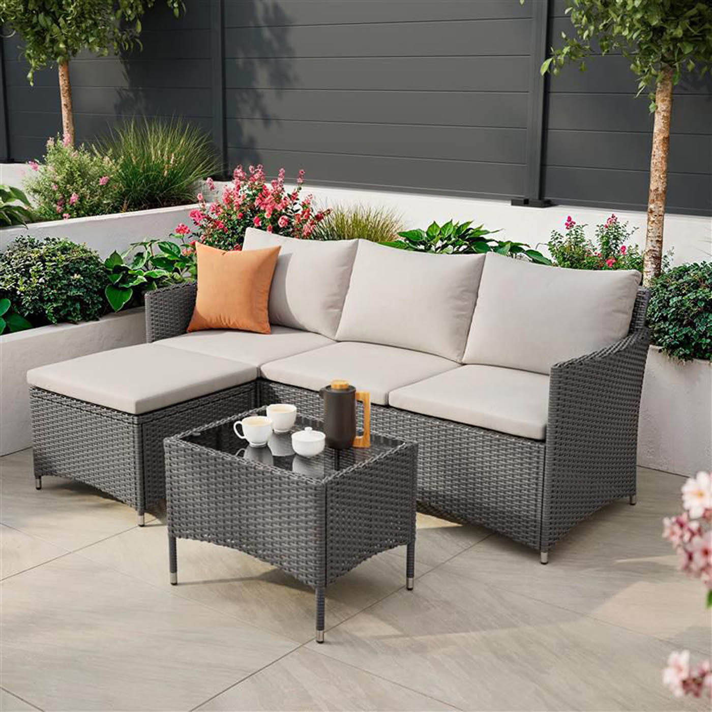 Garden Furniture Coffee Set Beige Rattan 3 Seater Corner Chair Sofa Table - Image 2
