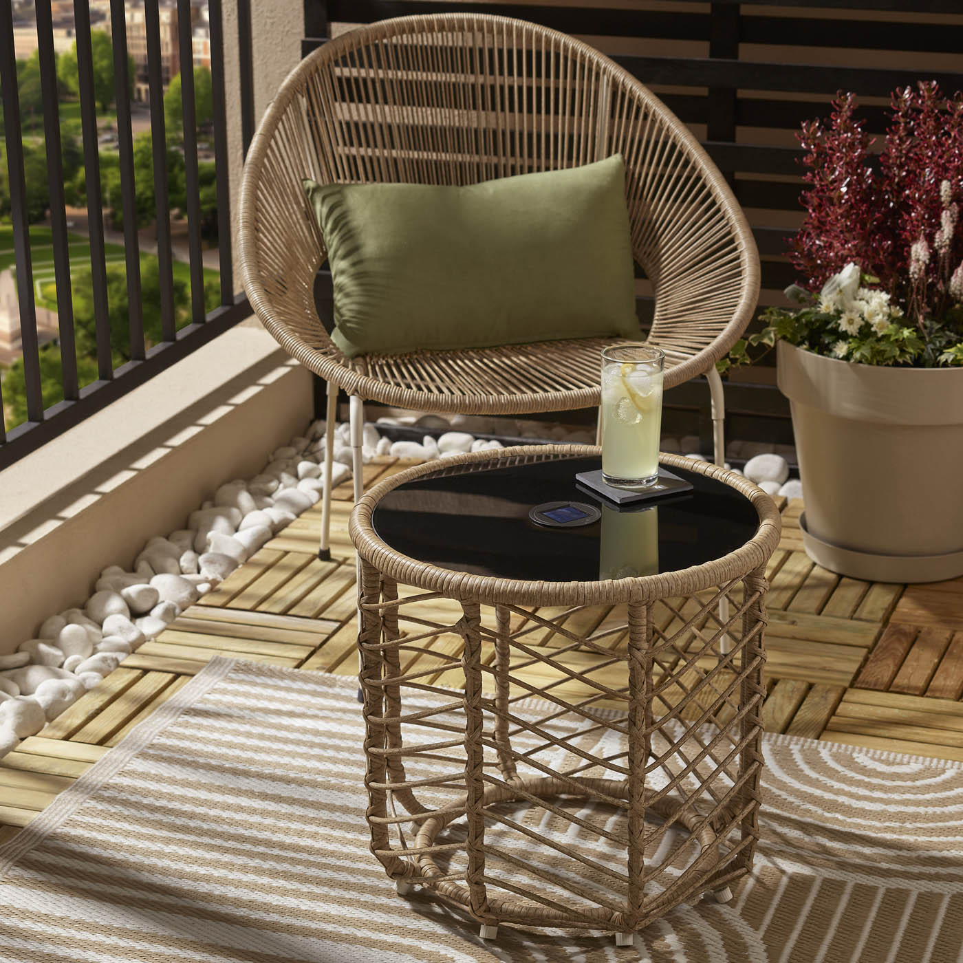 Omalos Garden Side Table Rattan Effect Beige Round Solar-Powered Outdoor - Image 1