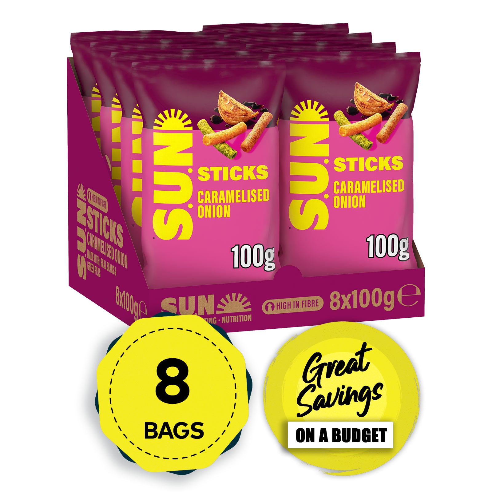 SUN Sticks Snacks Caramelised Onion & Balsamic Vinegar Sharing Bag Crisps 8x100g - Image 1