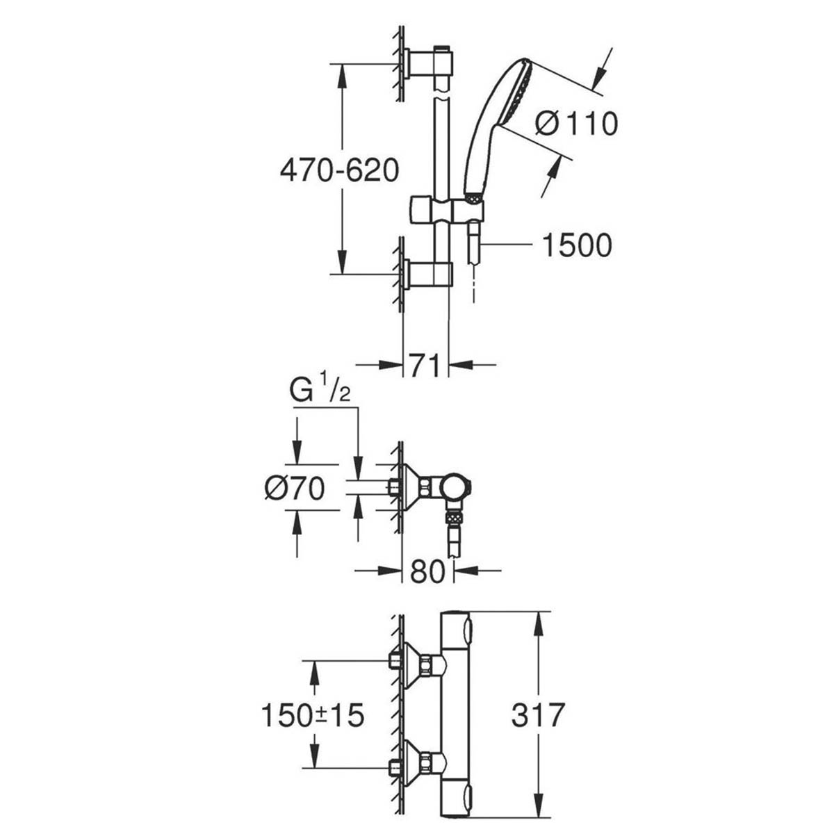 Grohe Shower Mixer Set Thermostatic Chrome Single Spray Pattern Adjustable - Image 2