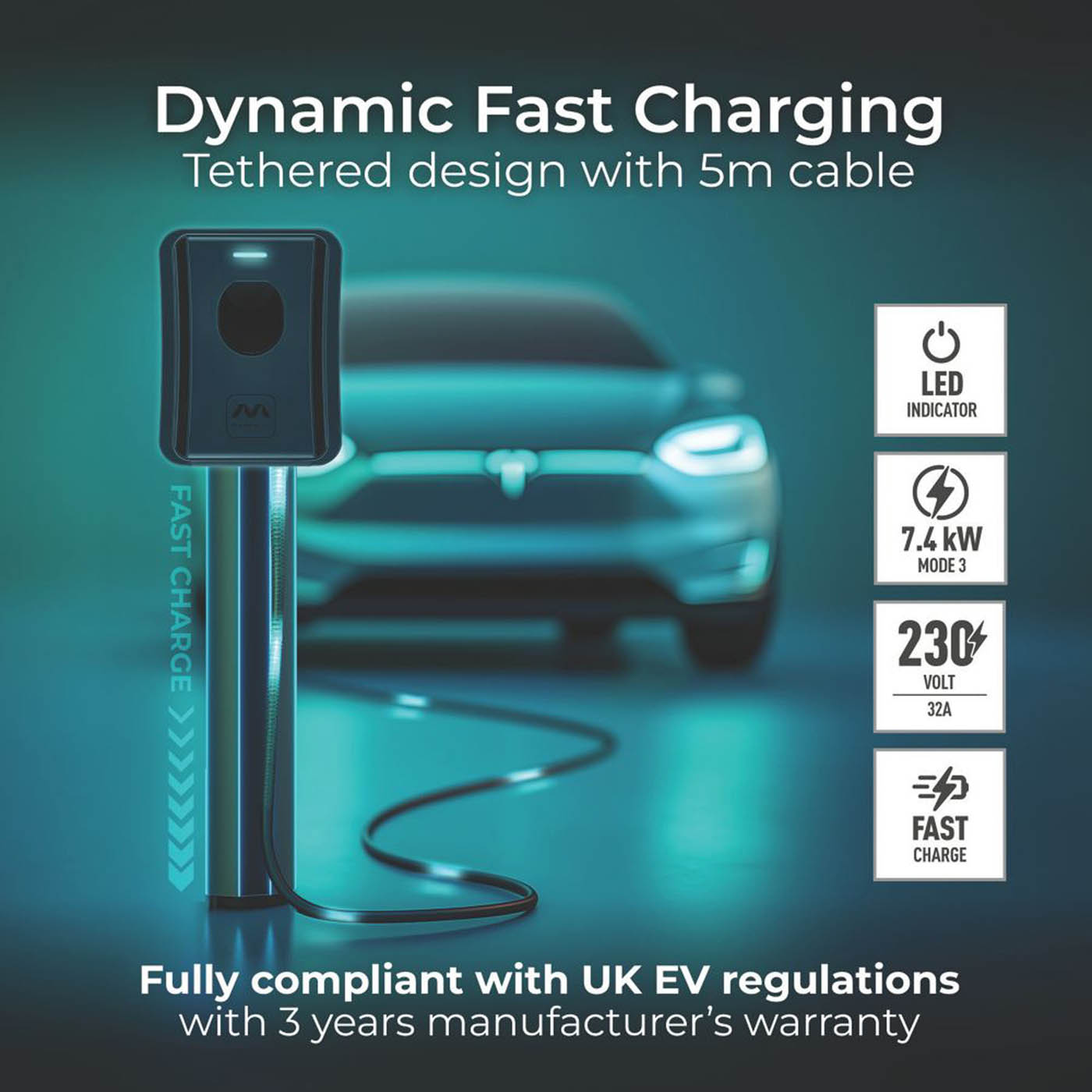 Masterplug 1 Port 7.4kW Mode 3 Type 2 Plug Tethered Smart EV Charger with 5m Cable Black - Image 4