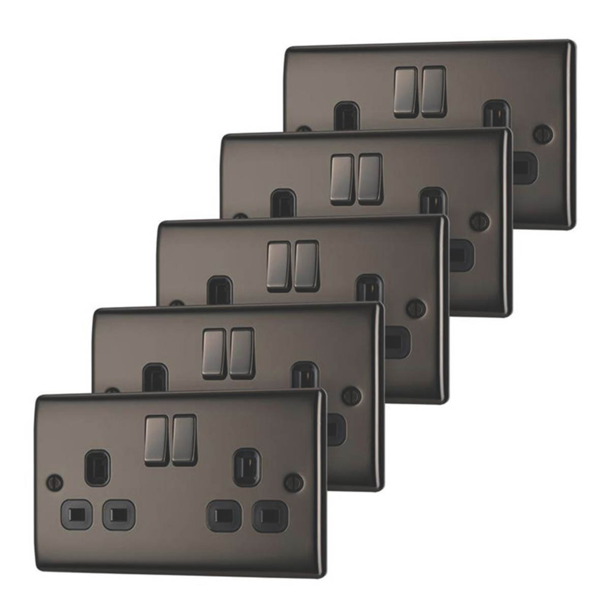 BG Wall Plug Sockets Black Nickel 13A 2 Gang Double Pole Switched Pack Of 5 - Image 1