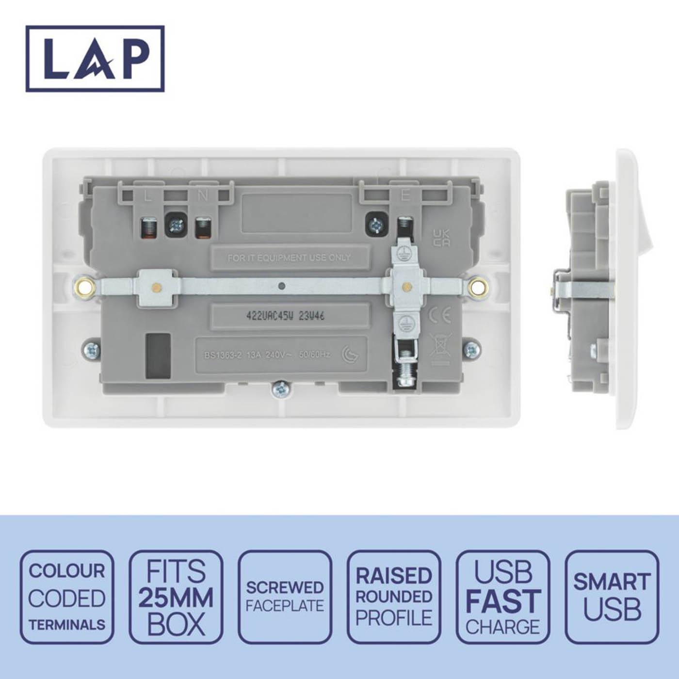 LAP 13A 2-Gang SP Switched Socket + 3A 45W 2-Outlet Type A & C USB Charger White - Image 3