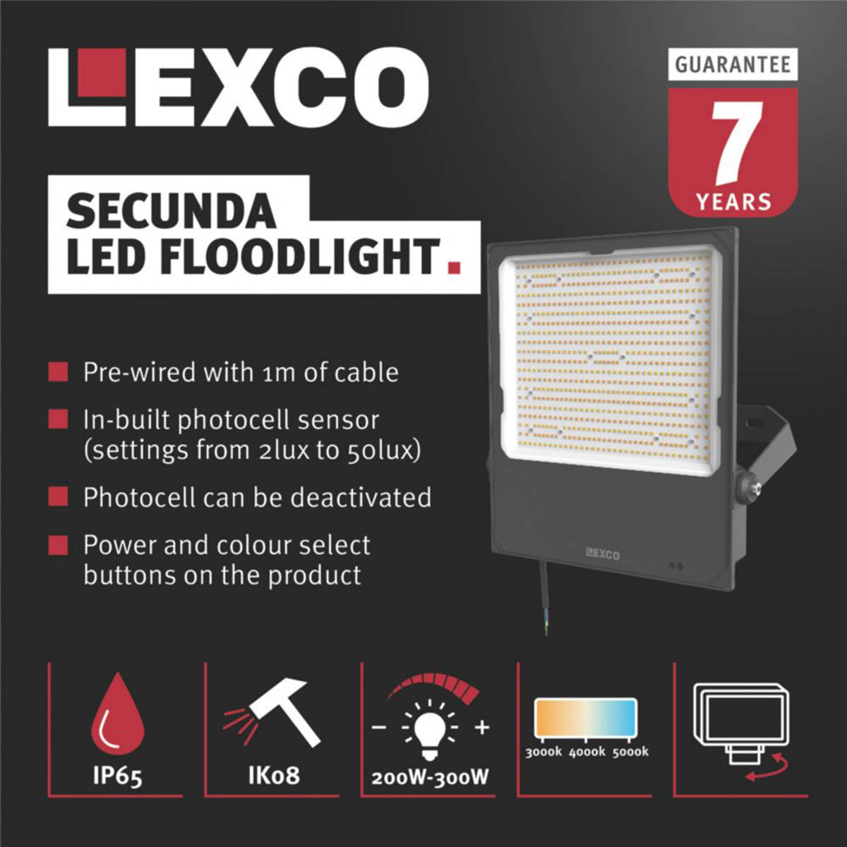LED Floodlight With Photocell Black IP65 Outdoor Security Garden Light 300W - Image 2