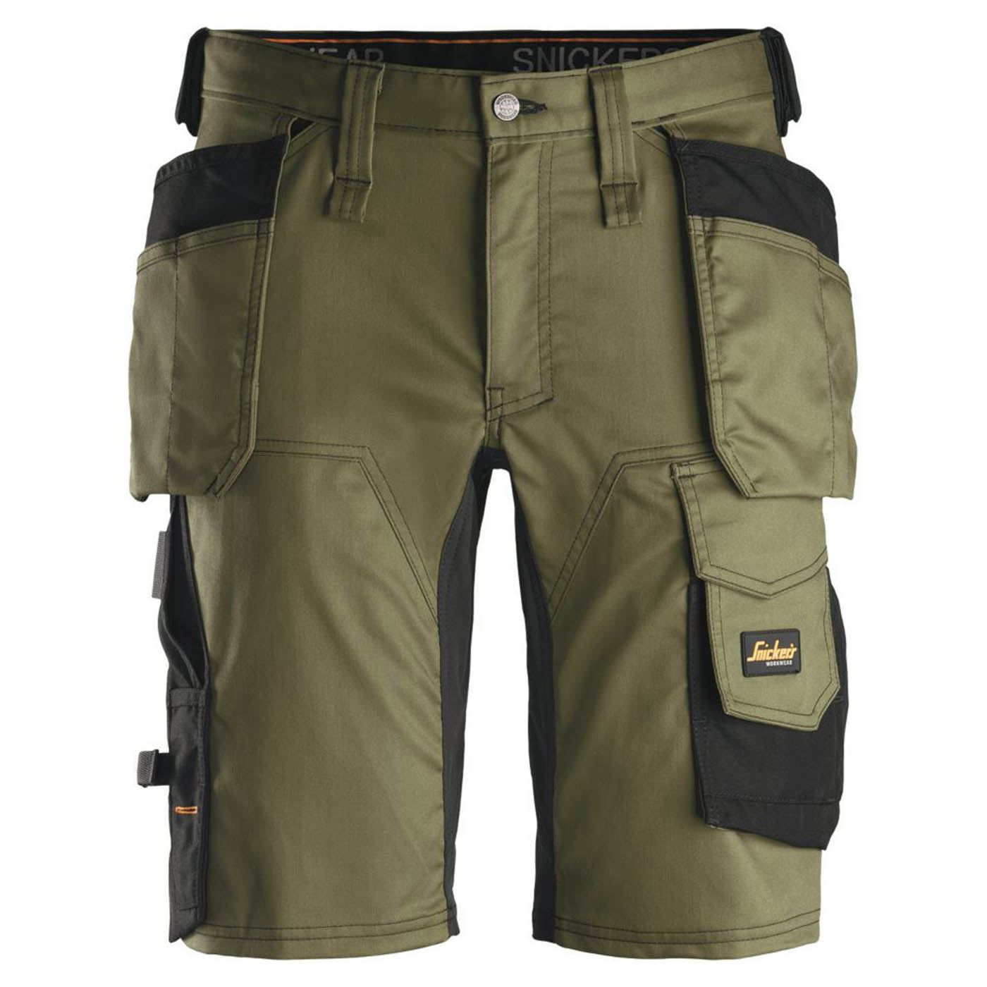 Snickers Work Shorts 6141 Stretch Khaki Green 16 Pockets Black Slim Fit 35" W - Image 1
