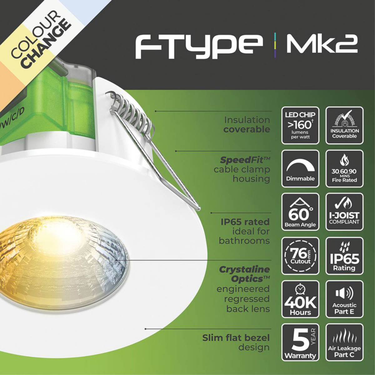 Luceco LED Downlights Bathroom Fixed Fire Rated Variable White Round 10 Pack - Image 6