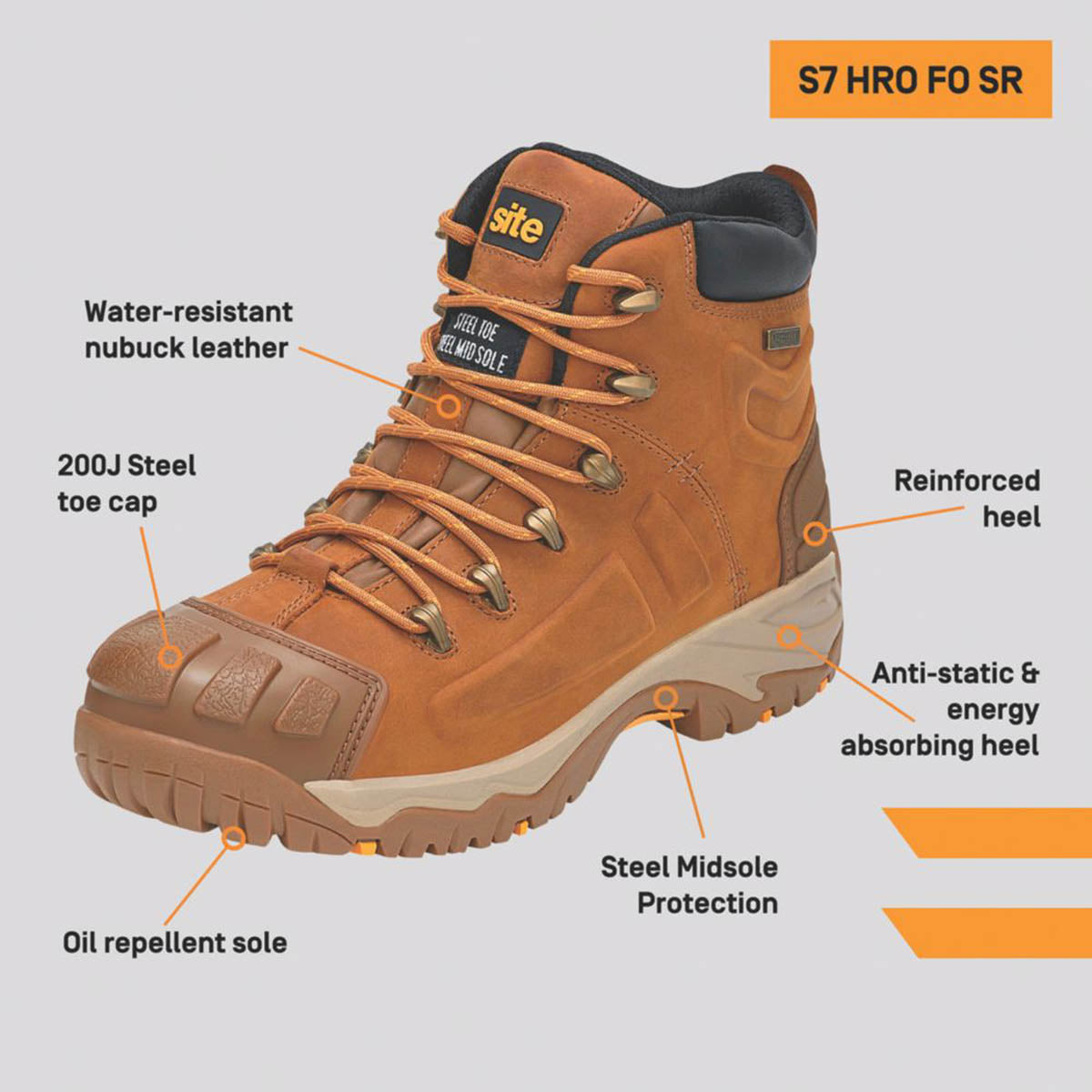 Site Mens Safety Boots Tan Waterproof Steel Toe Cap Ankle Lace Up Size 10 - Image 3