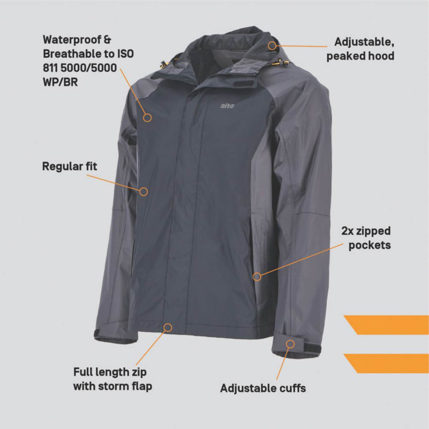 Site Waterproof Jacket Grey Black Orser Large Size 50" Chest - Image 3