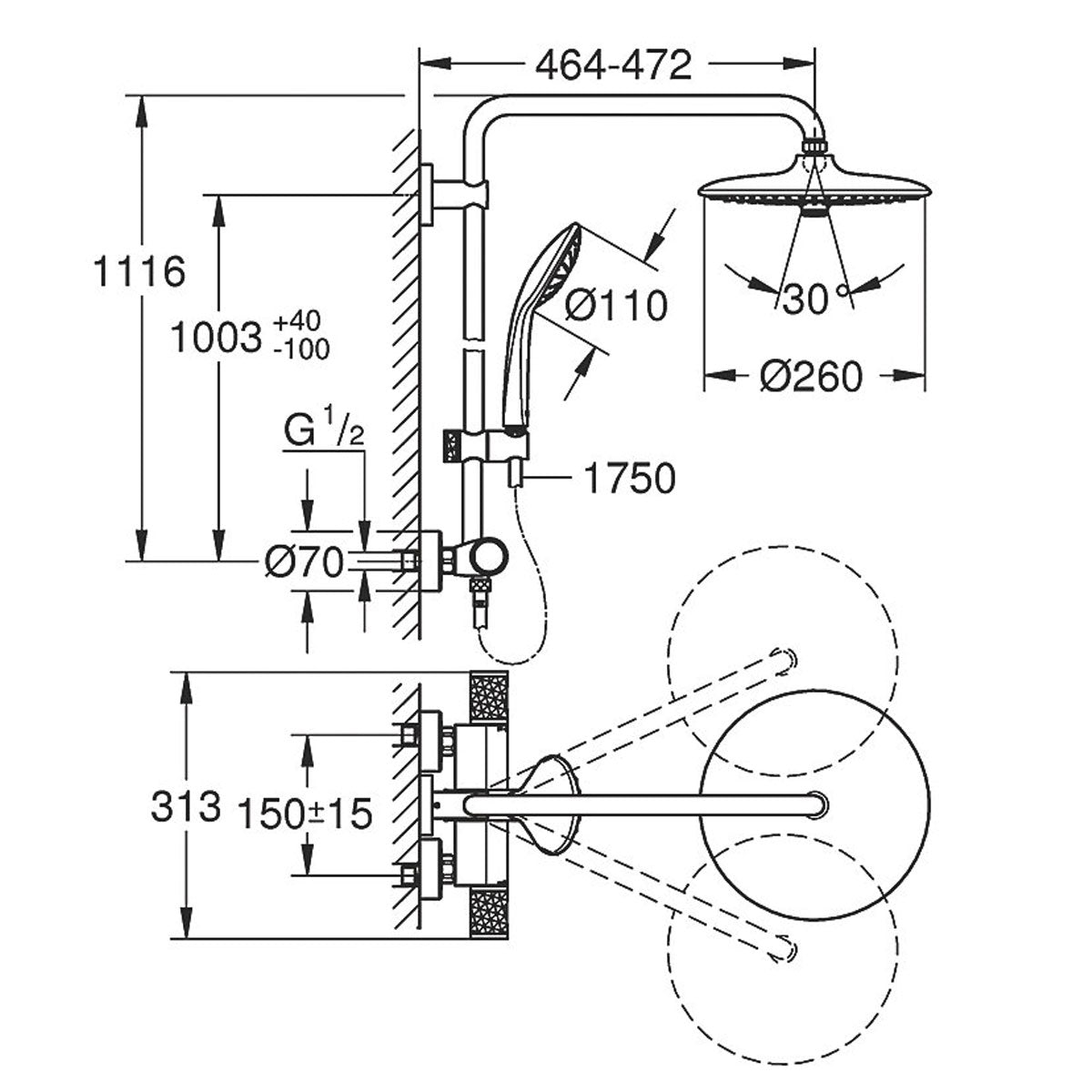 Grohe Thermostatic Shower System Exposed Chrome 3 Spray Pattern Round Twin Head - Image 6