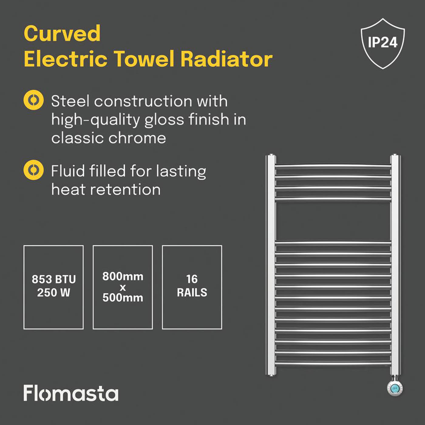Flomasta Towel Rail Radiator Electric Chrome Curved Pre-Filled 800x500mm 853BTU - Image 4