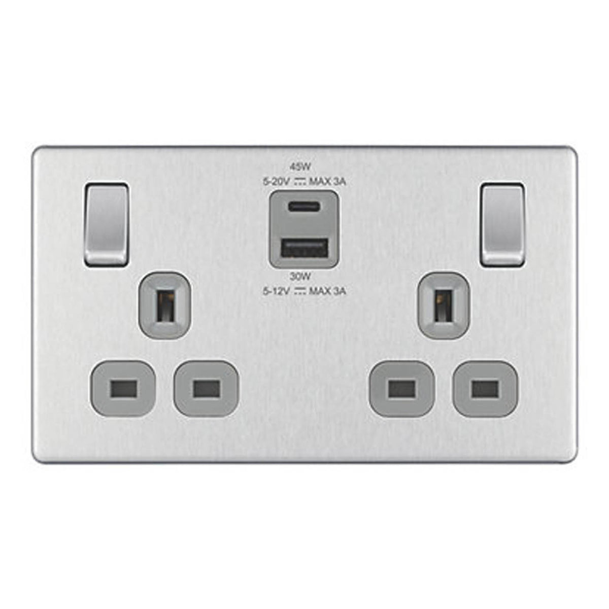 LAP Switched Socket With 2-Outlet USB 13A 2-Gang Brushed Steel SP 3A 45W Charger - Image 1