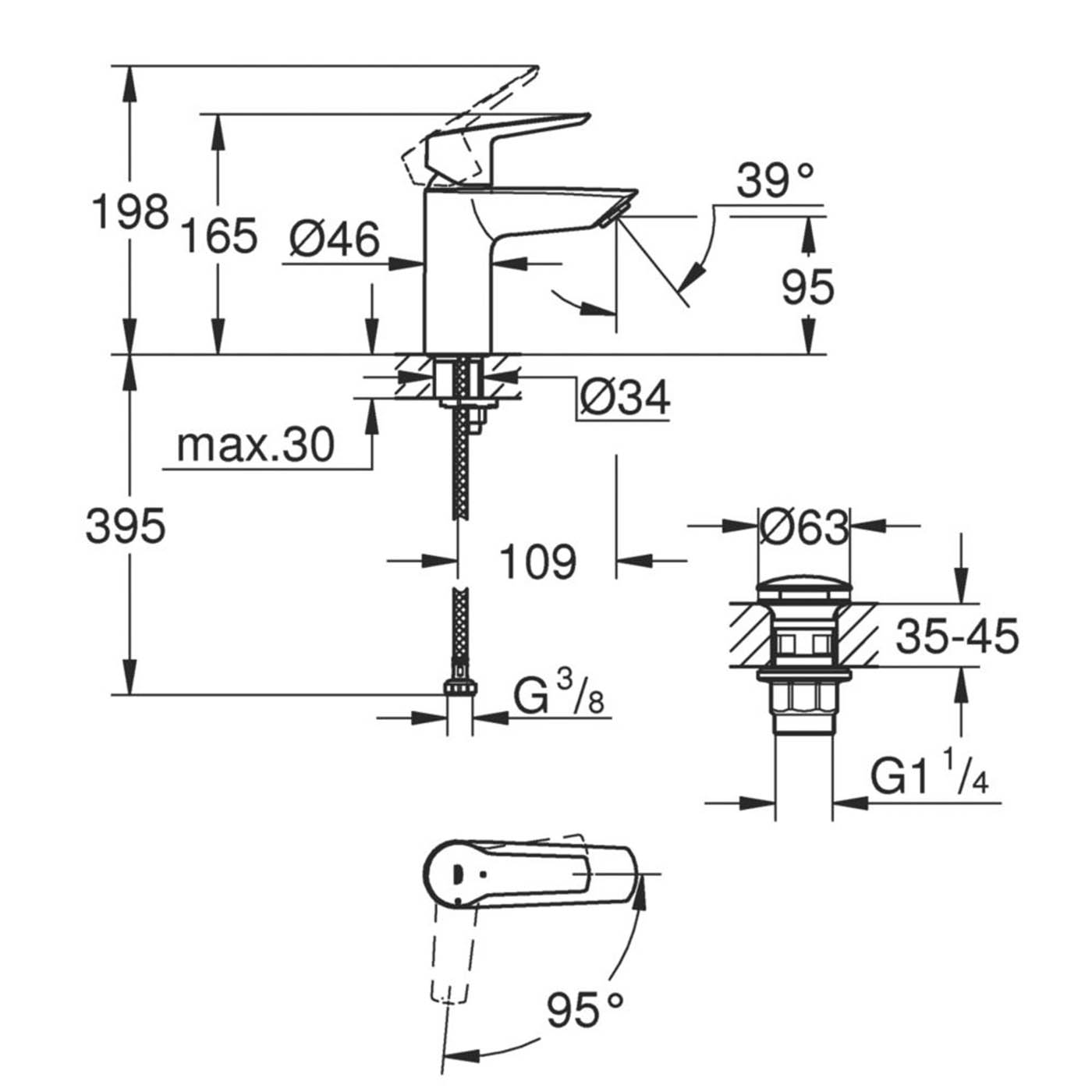 Grohe QuickFix Start Matt Black 165mm Standard Lever Mono Basin Mixer Tap With Pop-Up Waste - Image 5