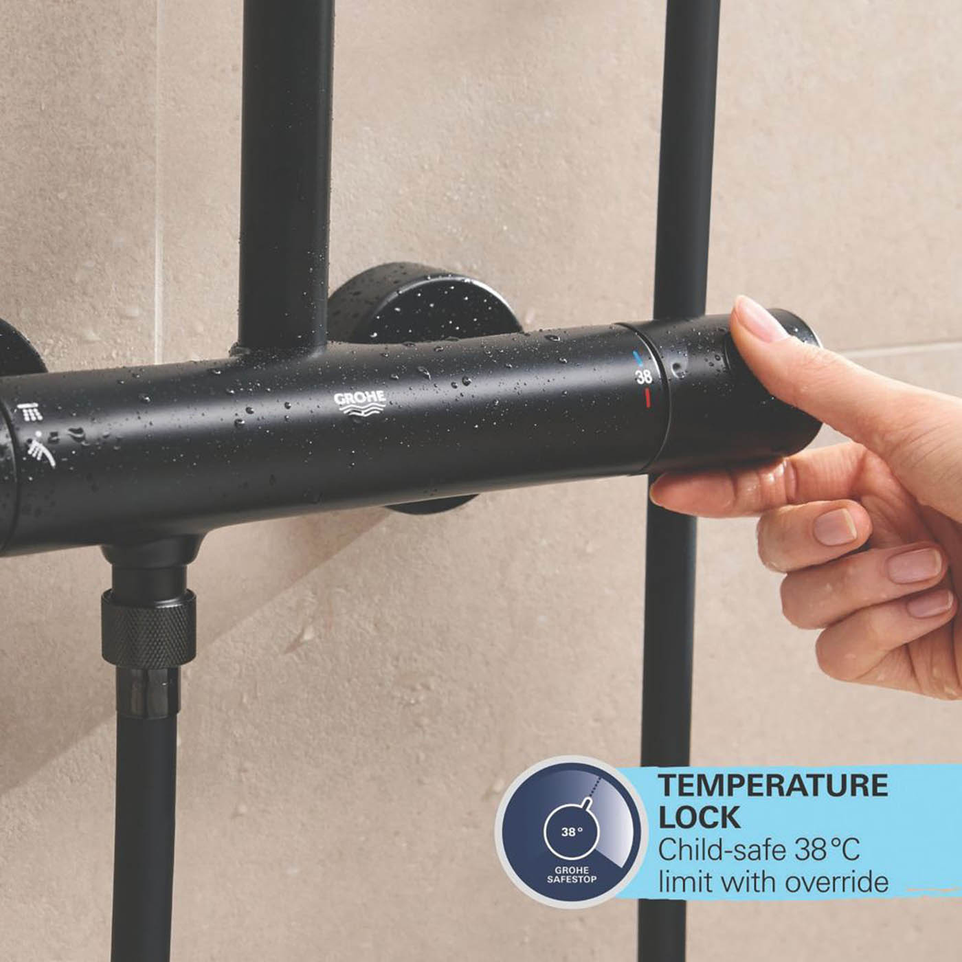 Grohe Thermostatic Shower System Exposed Matt Black Single Spray Pattern - Image 6