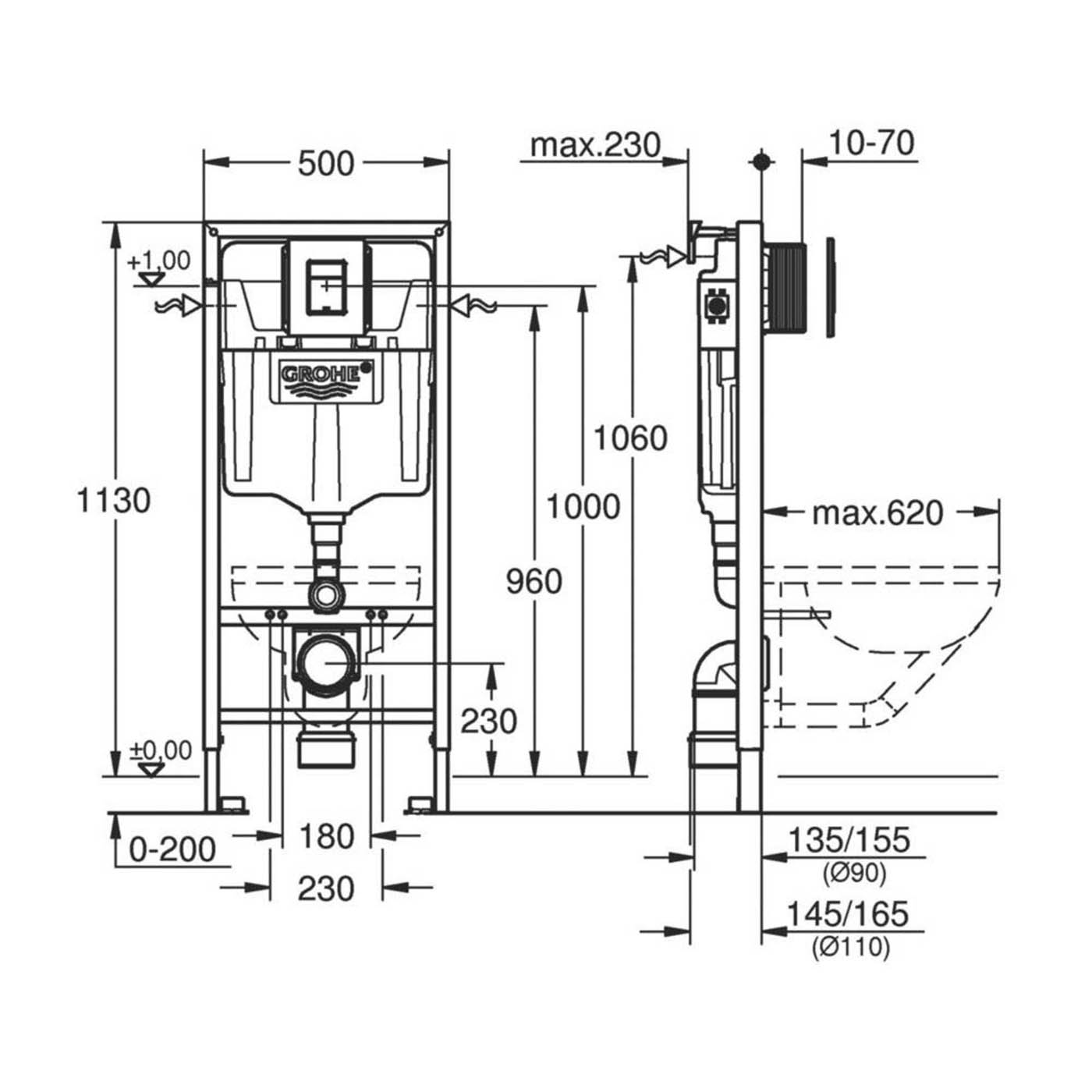Grohe Wall Hung Toilet Frame Pan Solido Matt Black 3-in-1 Dual-Flush 1130mm - Image 6