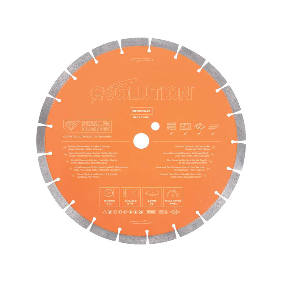 Evolution Diamond Blade Cutting Disc PD300SEG-CS Masonry Premium 300mm x 22.2mm - Image 1