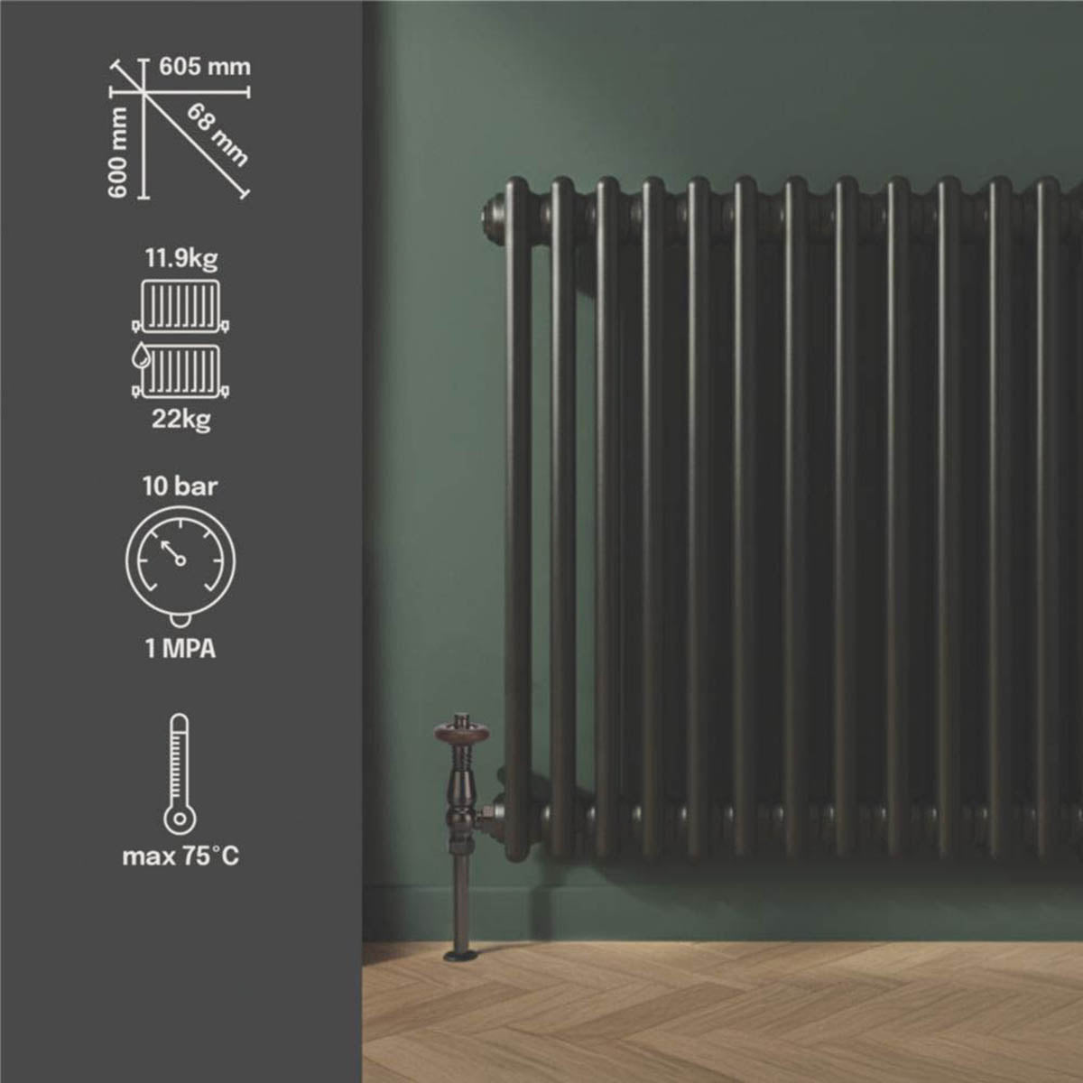 Flomasta 2 Column Radiator Square Matt Black Steel Classic H60xW60.5cm - Image 4
