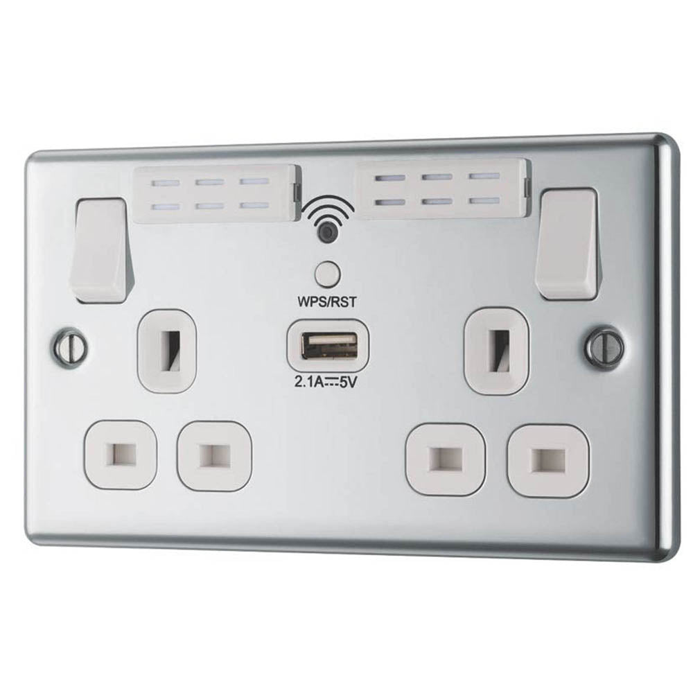 Double Plug Switched Socket WiFi Extender USB 2 Gang Single Pole Type A 13A 240V - Image 1