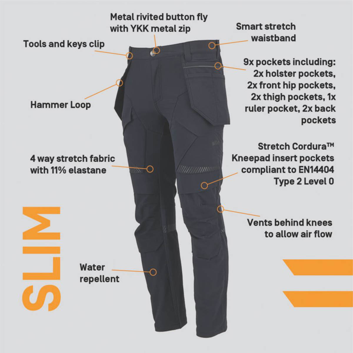 Site Work Trousers Mens Slim Fit Black Stretch Multi Pockets Cargo 34"W 32"L - Image 3