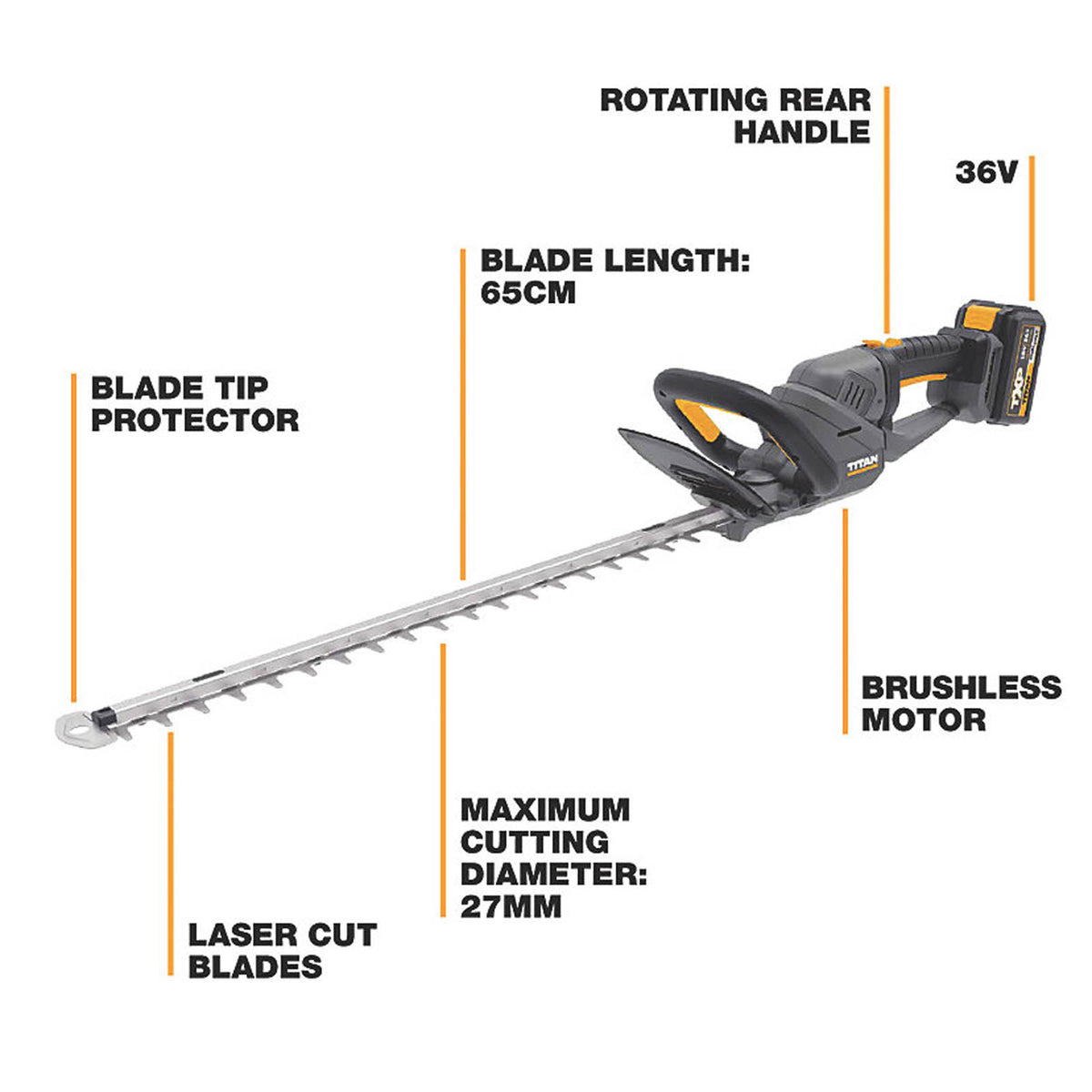 Titan Hedge Trimmer Cordless 36V Li-Ion TTT1210GHT 65cm Brushless Body Only - Image 3