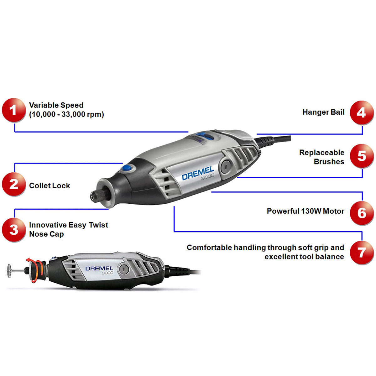 Dremel Rotary Multi Tool Electric 3000 Soft Grip Compact Accessories 130W - Image 3