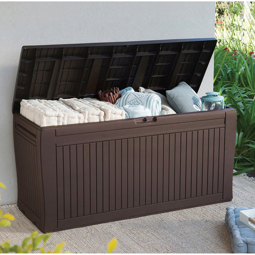 Keter Garden Storage Box Wood Effect Plastic Cushion Outdoor Storage Box 270L - Image 1