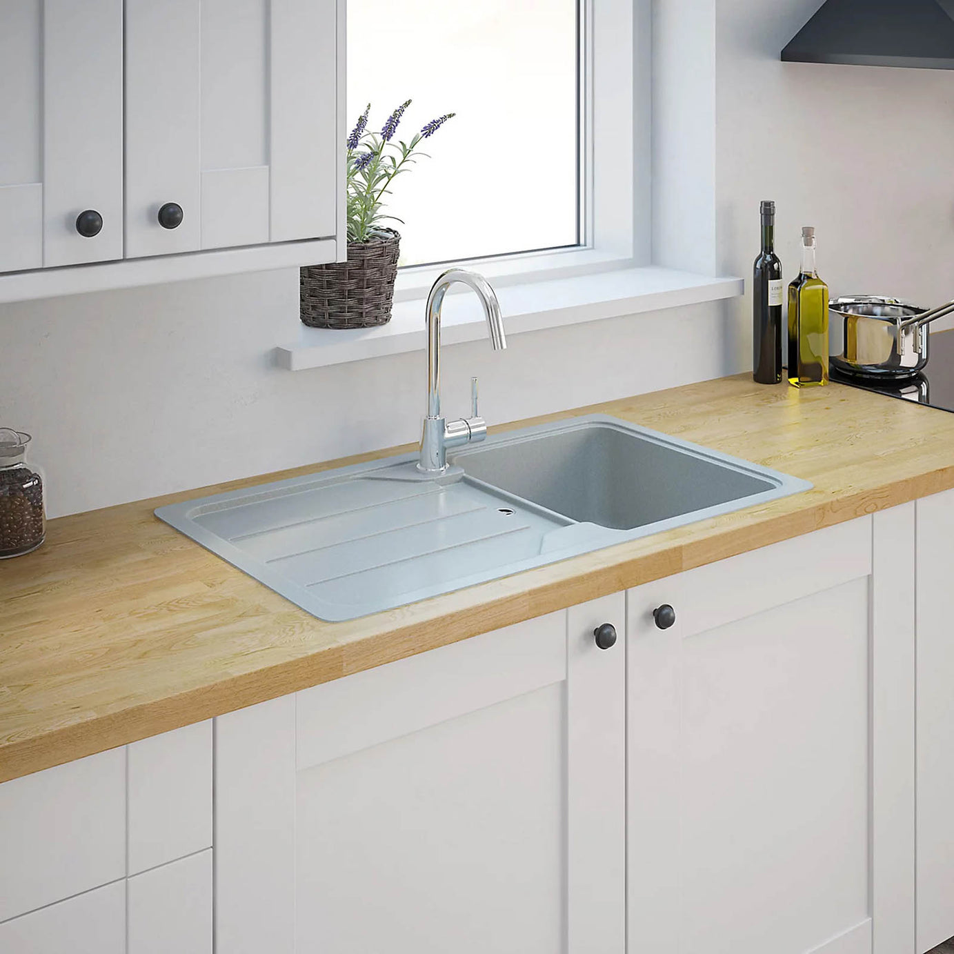 Cooke & Lewis Kitchen Sink Arber Quartz Composite 1 Bowl Drainer White 860mm - Image 3